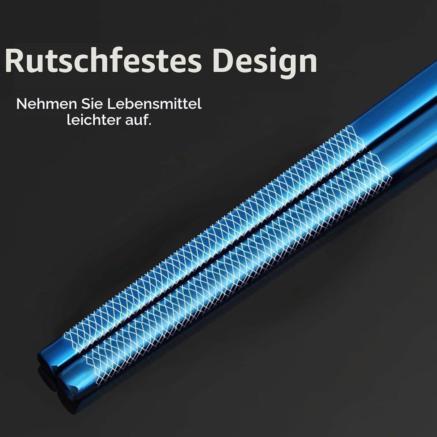Blauer Stift mit strukturiertem Griff und deutschem Text „Rutschfestes Design