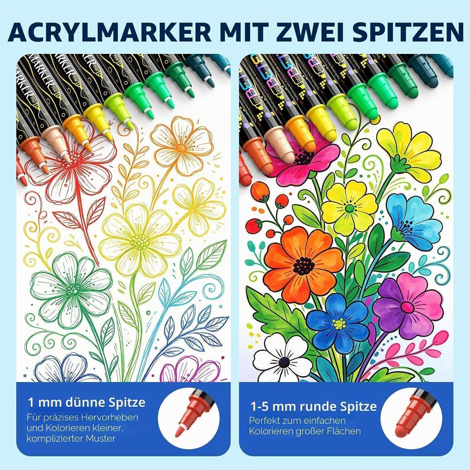 Betem 72 Farben Acrylstifte mit Doppelspitze, Hochwertige Acrylmarker für Stein, Holz, Leinwand, Felsmalerei, Glas, Keramik Wasserfest, Ostereier