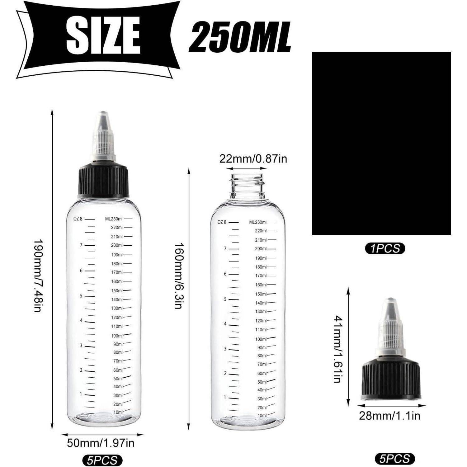 Größentabelle für eine 250-ml-Kunststoff-Quetschflasche mit Abmessungen und Packungsinhalt: Flaschenh höhe 190 mm, Höhe ohne Verschluss 160 mm, Basisbreite 50 mm, Öffnung 22 mm, Verschlussgröße 41 mm x 28 mm, 5 Flaschen und 5 Verschlüsse.
