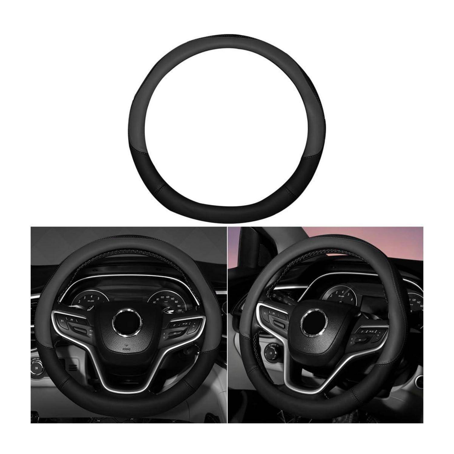 Schwarze Lenkradabdeckung, oben gezeigt, mit zwei Fotos des Autoinnenraums des auf einem Lenkrad installierten Rades.