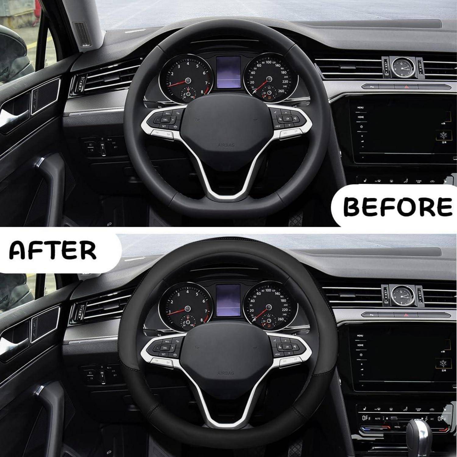 Geteiltes Bild eines Autodashboards vorher und nachher: Die untere „NACHHER"-Ansicht zeigt eine hinzugefügte Lenkradabdeckung, während die obere „VORHER""-Ansicht keine aufweist.
