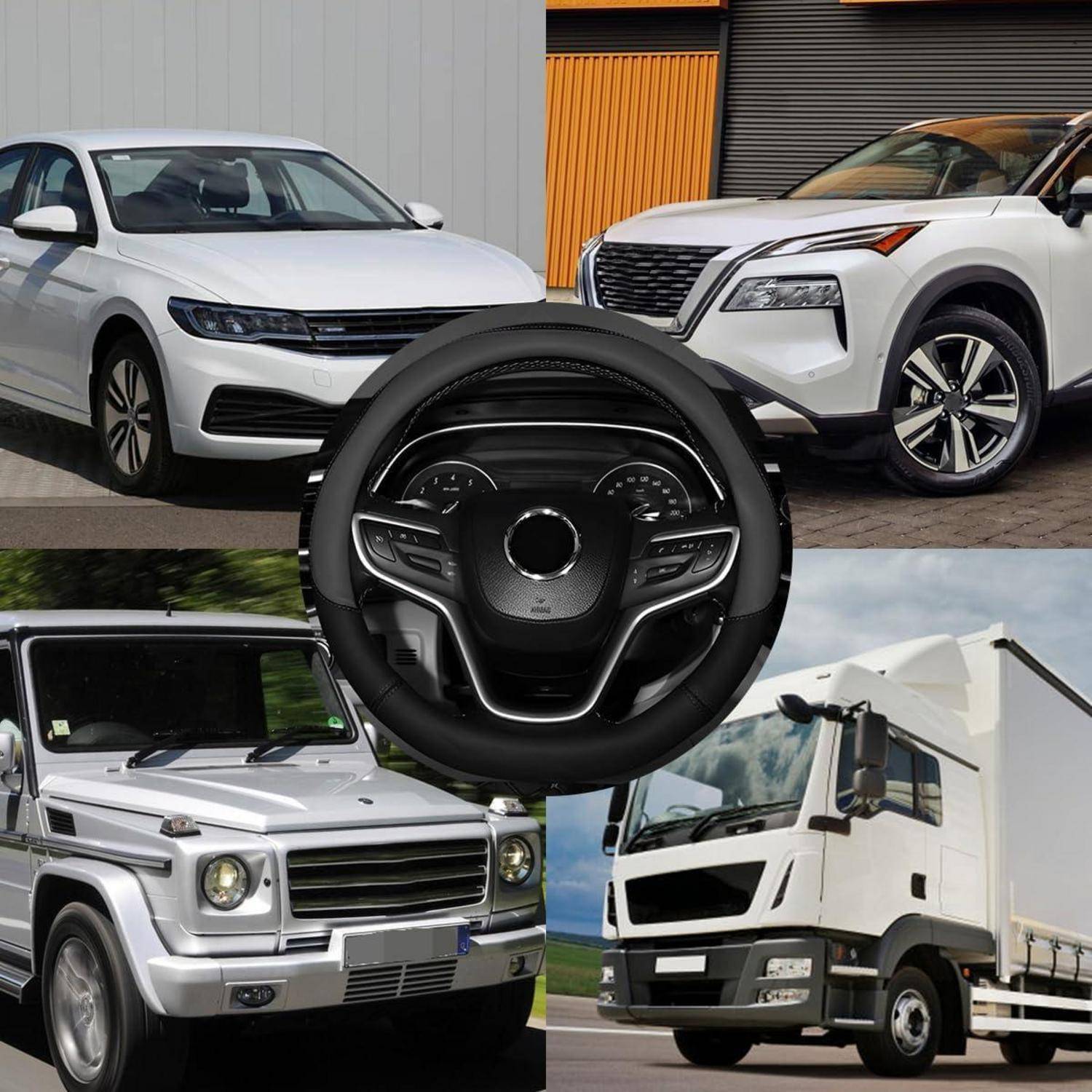 Collage von Fahrzeugen: zwei weiße SUVs, ein silberner Geländewagen-SUV, ein weißer Kastenwagen und ein Lenkrad in der Mitte zentriert.