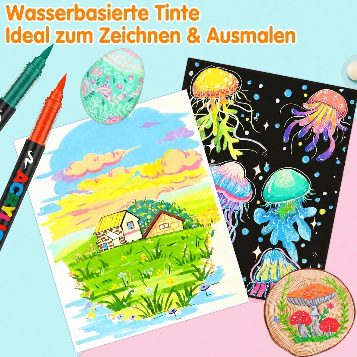 Werbung für wasserbasierte Tinten-Zeichnung und Färbung, die farbenfrohe Marker, bemalte Eier, eine Landschaftszeichnung und Qualleniguren zeigt.