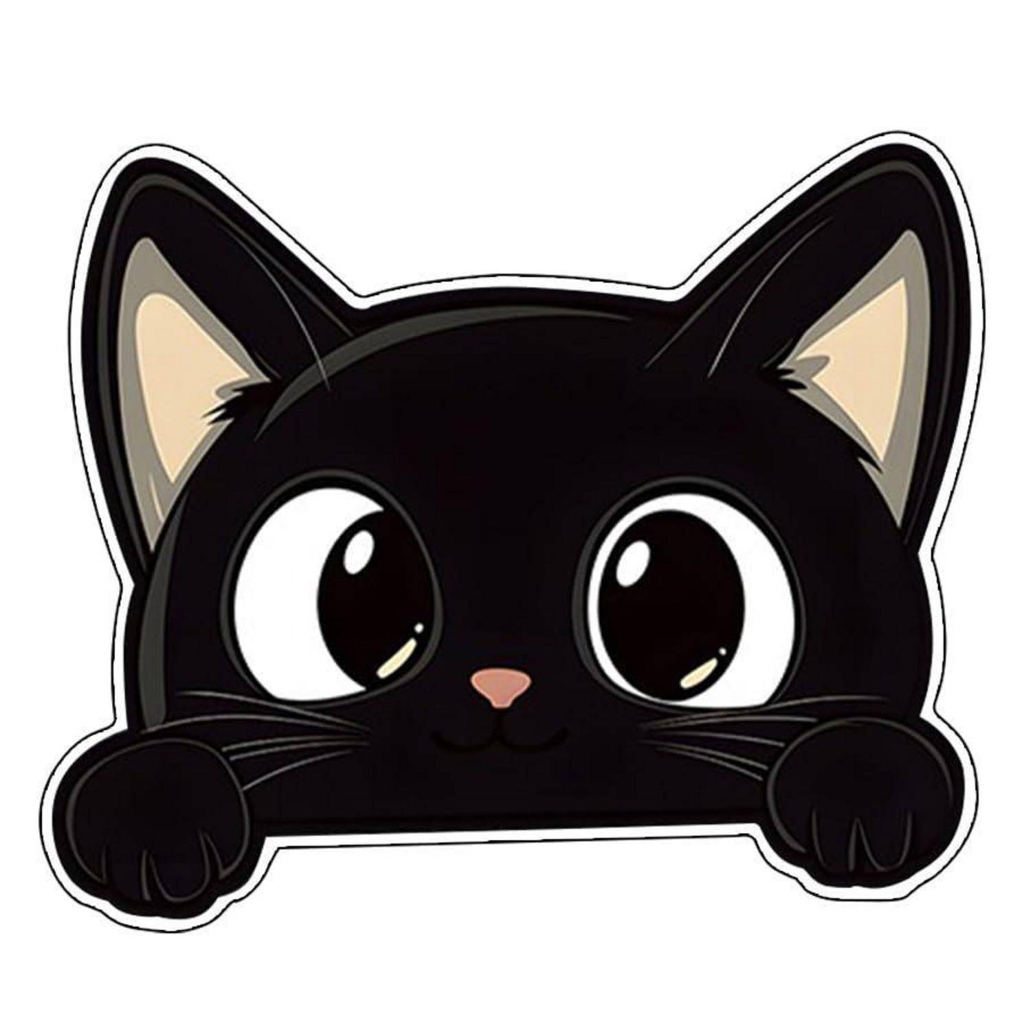 Cartoon-schwarze Katze, die über einen Sims lugt, mit großen Augen und sichtbaren Pfoten vor weißem Hintergrund.