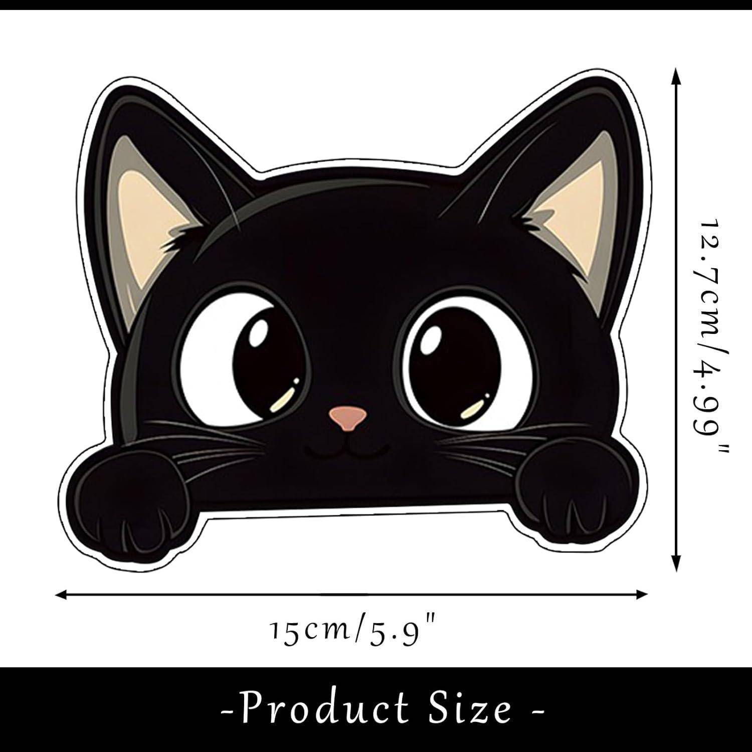 Schwarzer Cartoon-Katzenaufkleber mit großen Augen und Pfoten, Größe: 15 cm breit und 12,7 cm hoch.