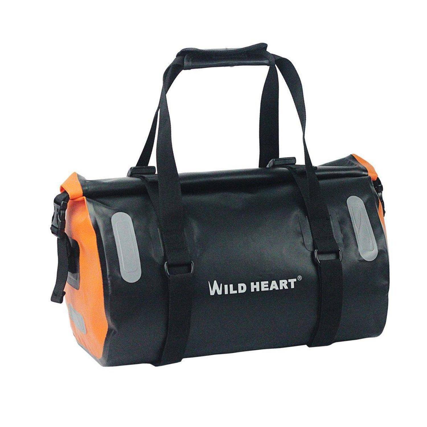 Schwarz-orangefarbene Reisetasche mit Schultergurten und „WILD HEART