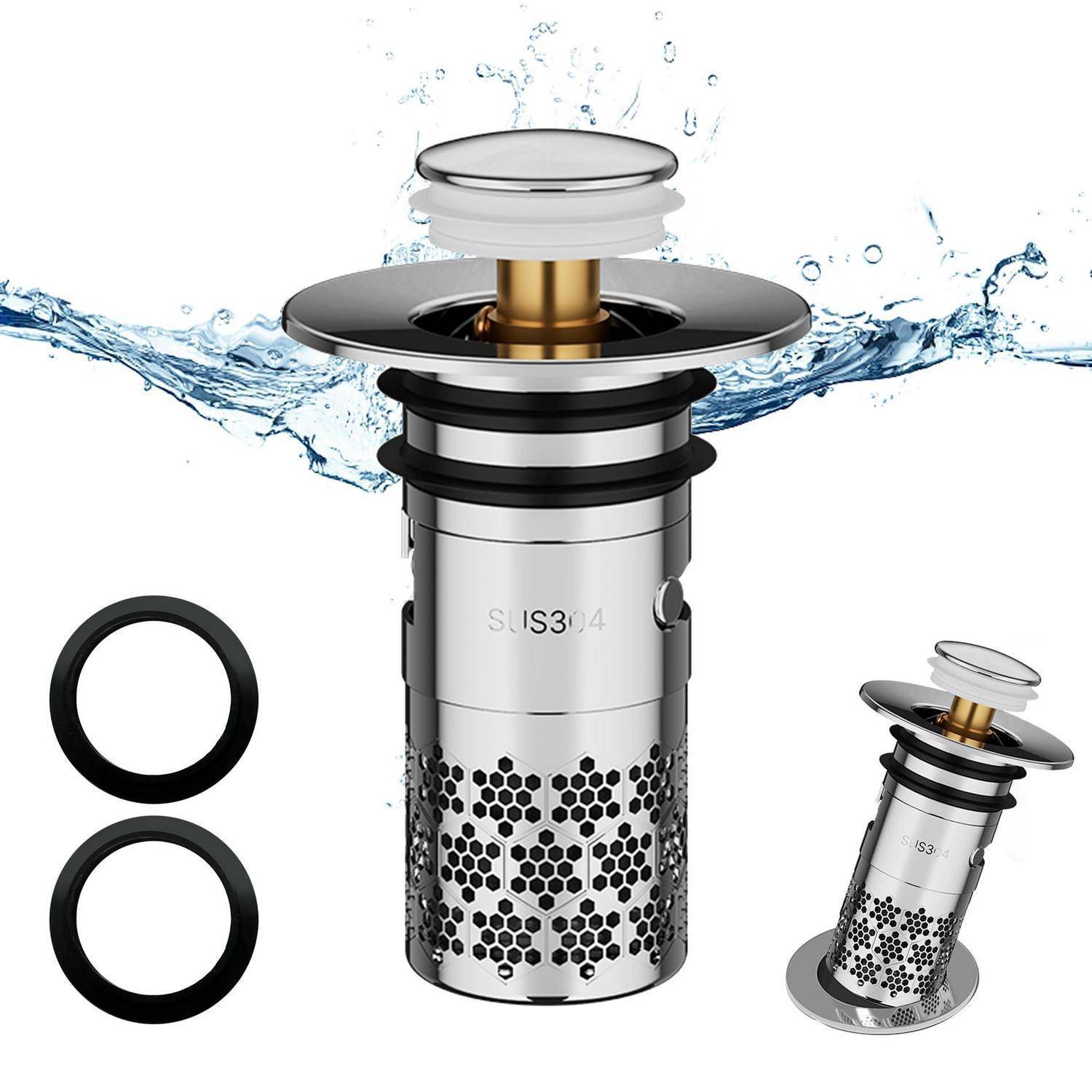 Edelstahlspülbeckensieb mit Überlauf, gezeigt mit Wasserspritzer und zwei schwarzen Gummiringen, sowie eine kleinere schräge Detailansicht.