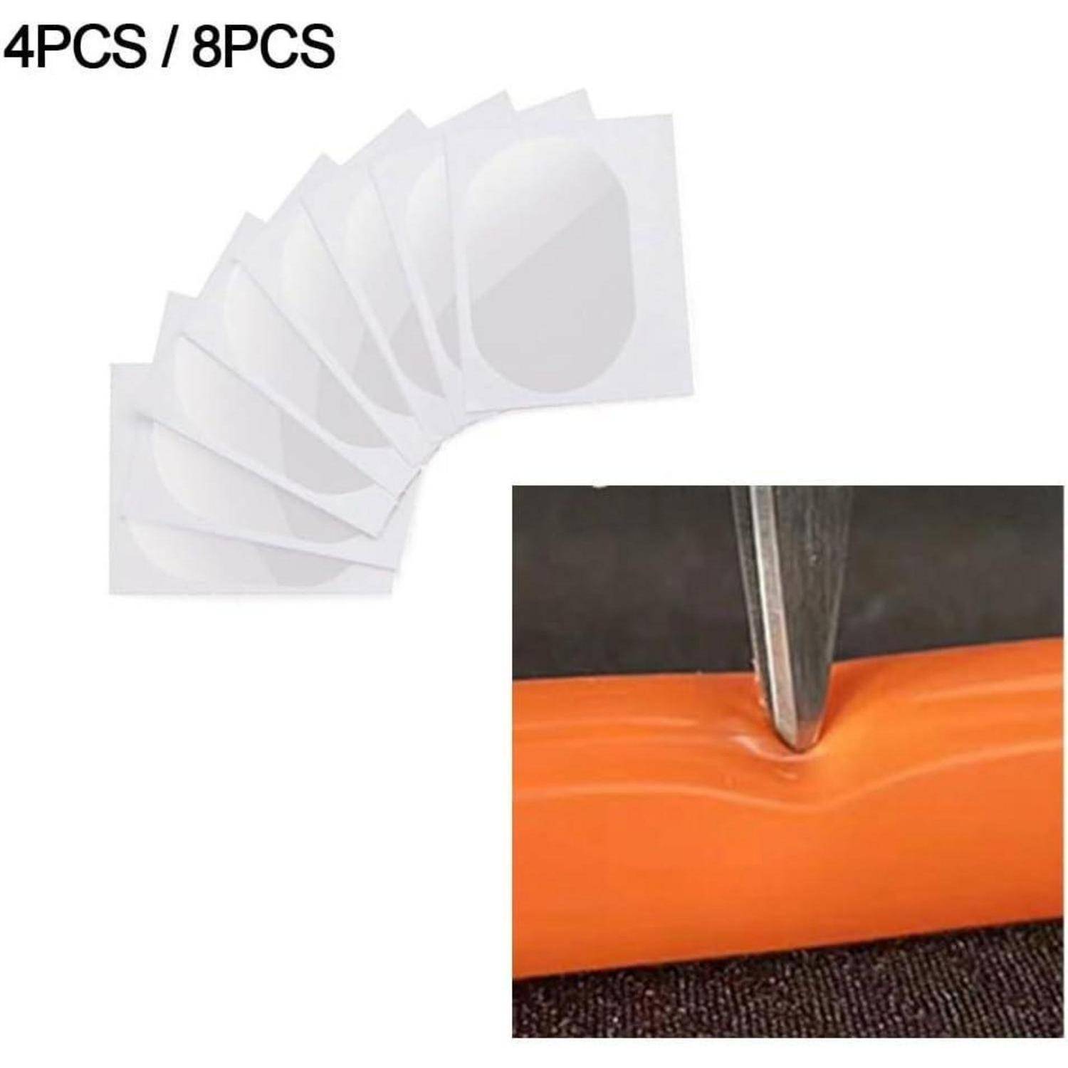 Kantenschutz aus Schaumstoff mit der Aufschrift „4er-Set / 8er-Set", der um eine Ecke gebogen wird und ein spitzes Werkzeug, das auf eine orangefarbene Oberfläche drückt, polstert.