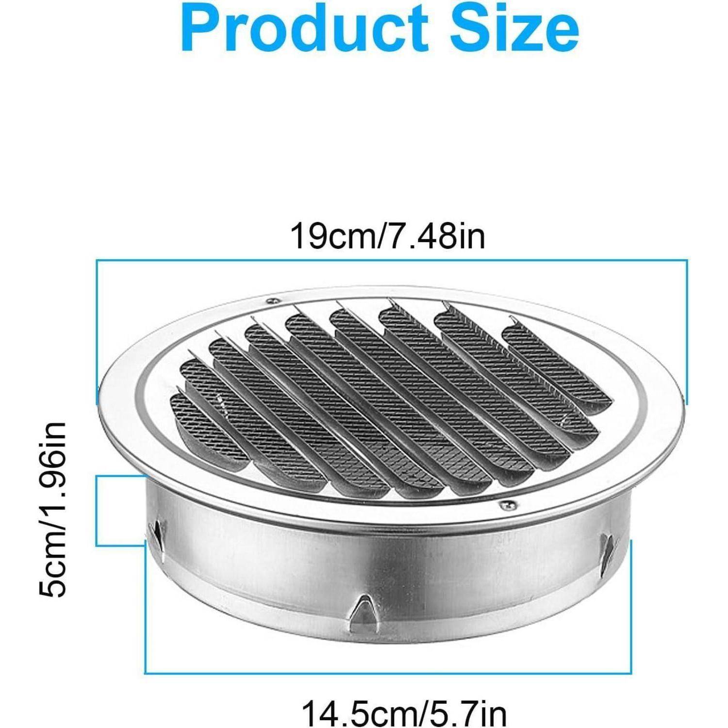 Produktgrößendiagramm eines runden Metallboden-Lüftungsgitters, gekennzeichnet mit 19cm/7,48in Breite, 14,5cm/5,7in Tiefe und 5cm/1,96in Höhe.