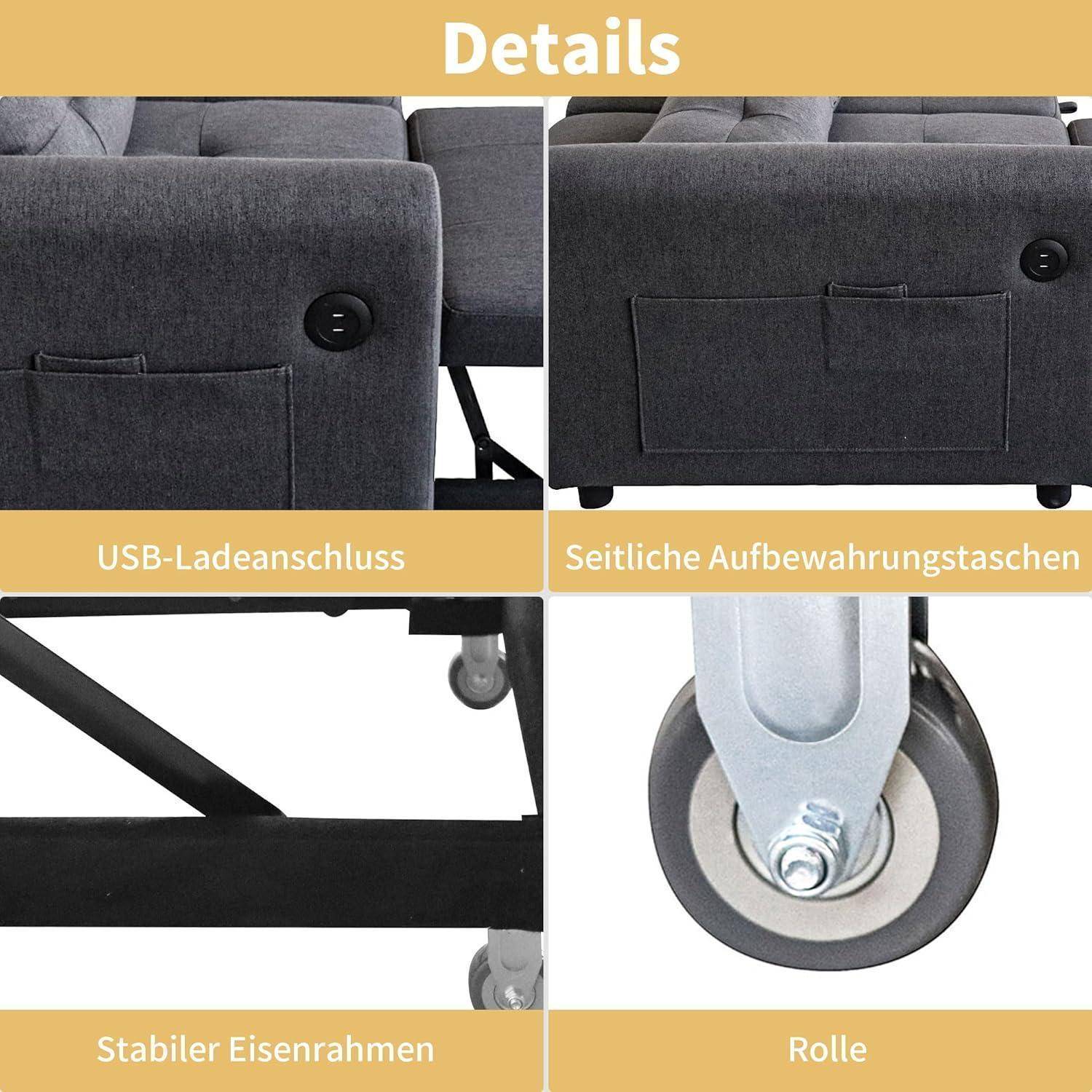 Collage von Details eines Sofastuhls mit USB-Ladeanschluss, seitlicher Aufbewahrungstasche, stabilem Eisenrahmen und Lenkrolle.