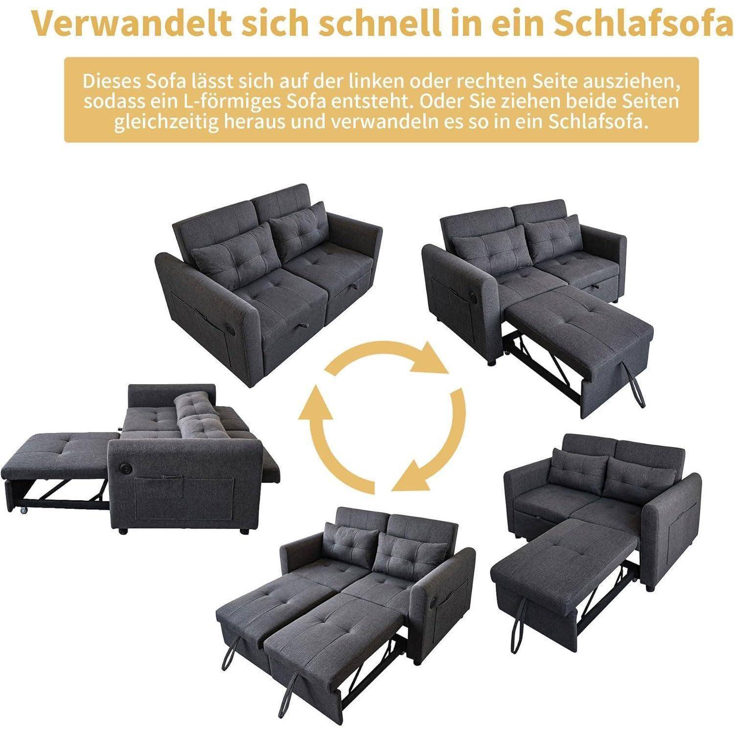 Diagramm, das ein graues Sofa zeigt, das sich in ein Schlafbett umwandelt, und ein L-förmiges Layout; deutscher Text erklärt, dass es sich von einer oder beiden Seiten ausfahren lässt.