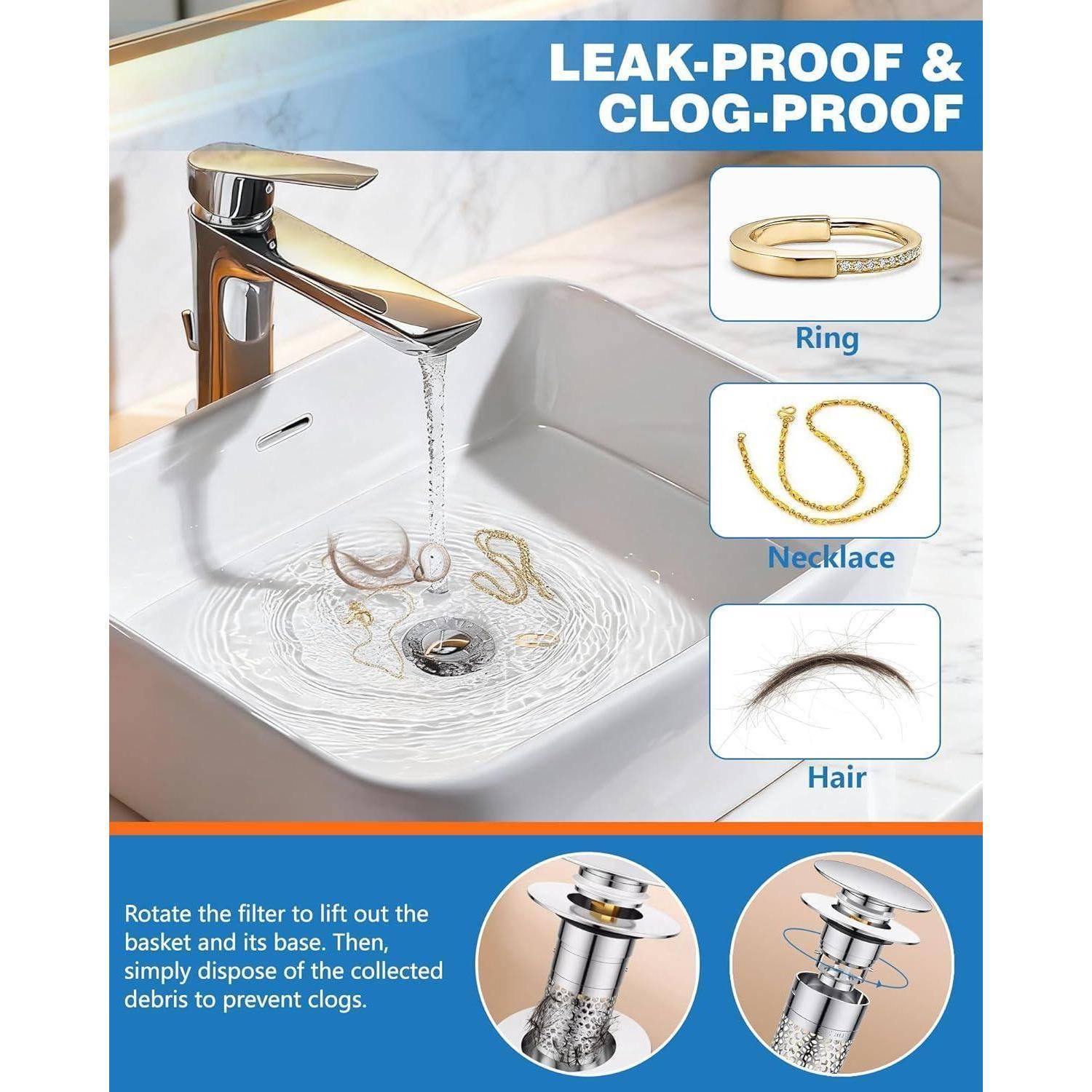 3-in-1 Pop Up Abflusssieb, 304 Edelstahl Waschbeckenstöpsel, Universal Bathroom Metal Drain Plug mit Sieb Dichtungen, Abflussstopfen für Bad, Waschb