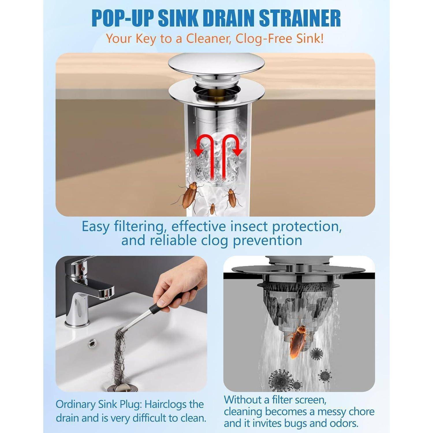 3-in-1 Pop Up Abflusssieb, 304 Edelstahl Waschbeckenstöpsel, Universal Bathroom Metal Drain Plug mit Sieb Dichtungen, Abflussstopfen für Bad, Waschb