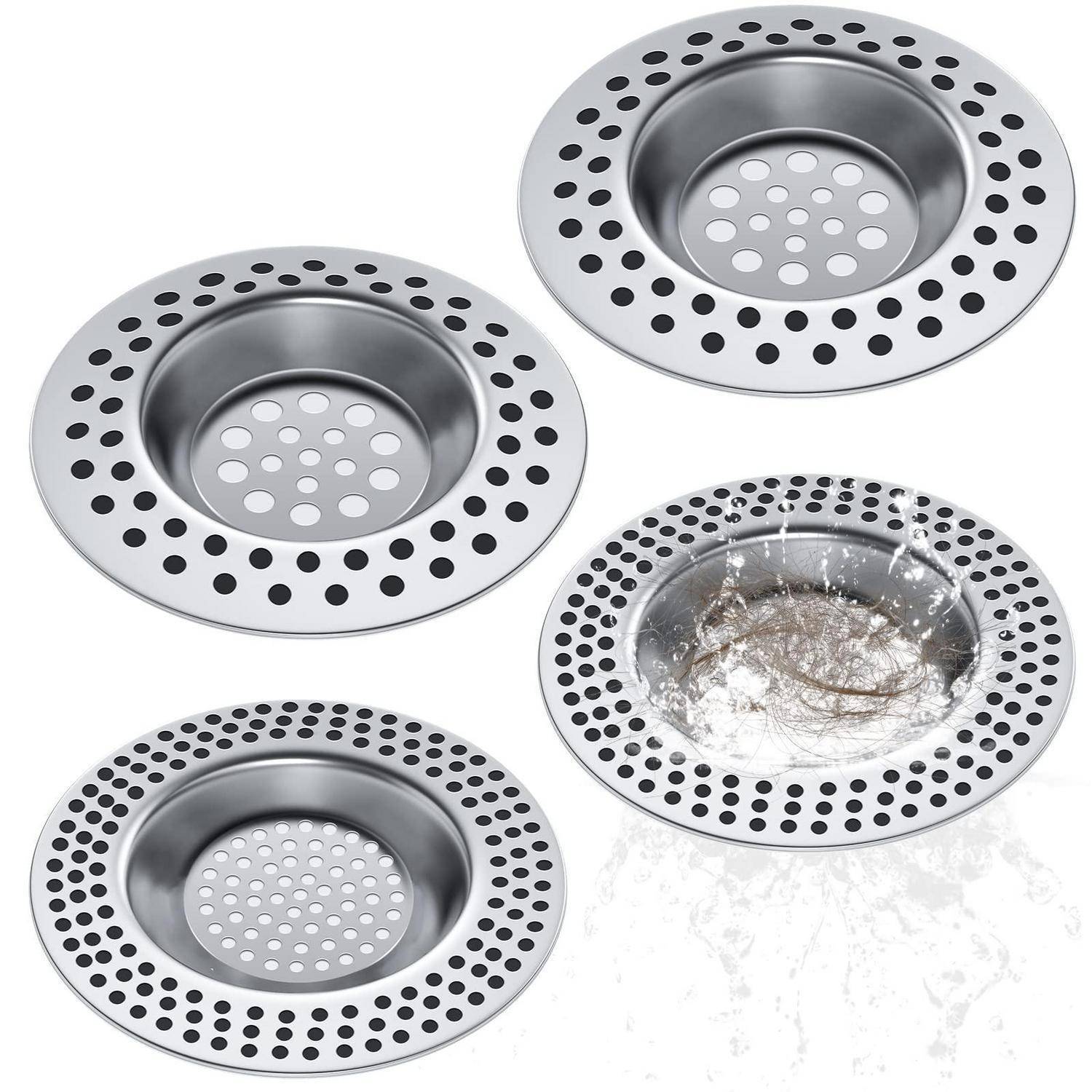 Realure 4er Satz Abflusssieb Küchenspüle mit Duschabfluss Haarfänger | 2 Größen Abflusssieb Dusche, 90 Löcher Waschbecken Sieb für Küche, Bade