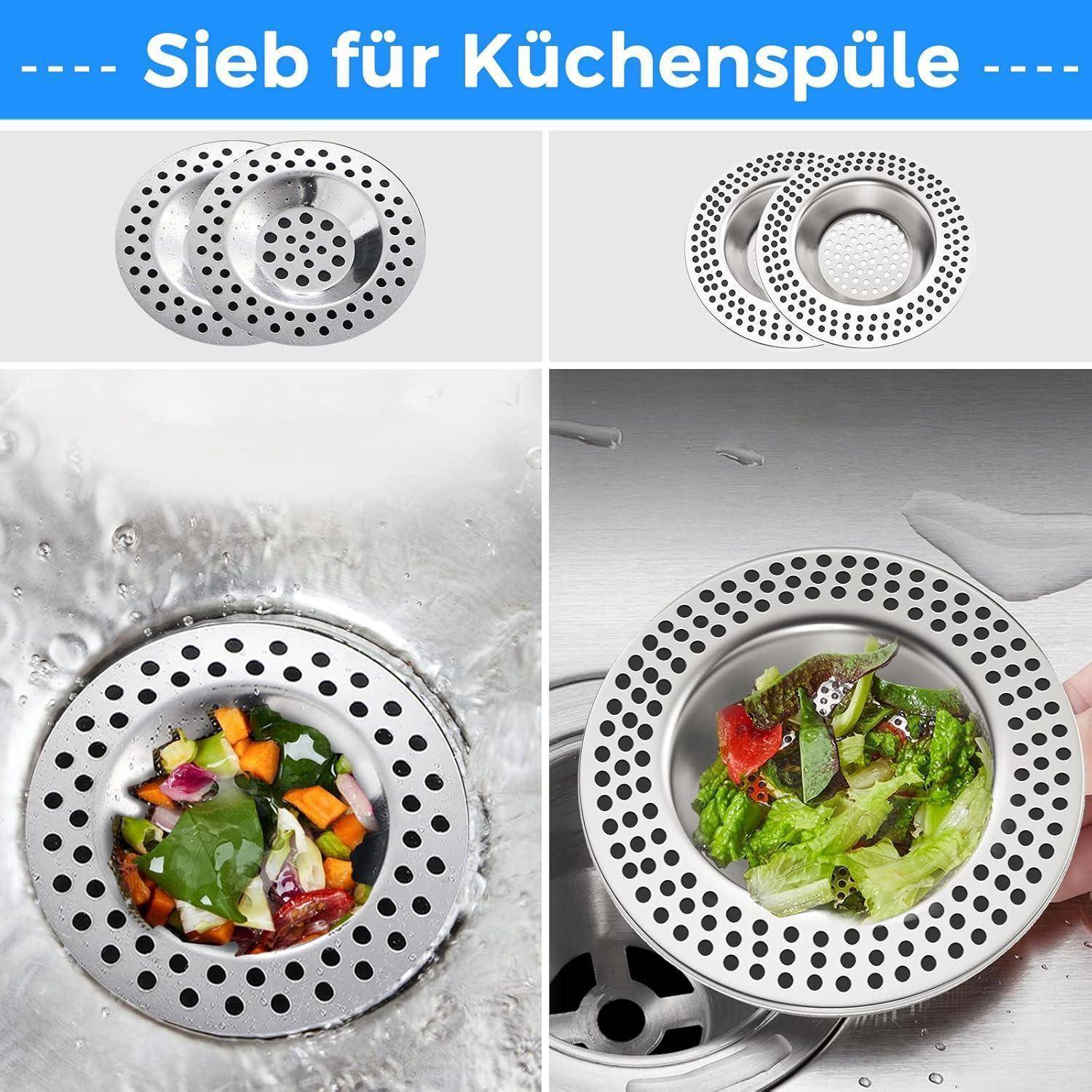 Collage mit Edelstahl-Küchenspülsieben und Abdeckungen für Abflüsse, einschließlich eines Siebs, das Gemüsereste in einem Spülbeckenabfluss auffängt.