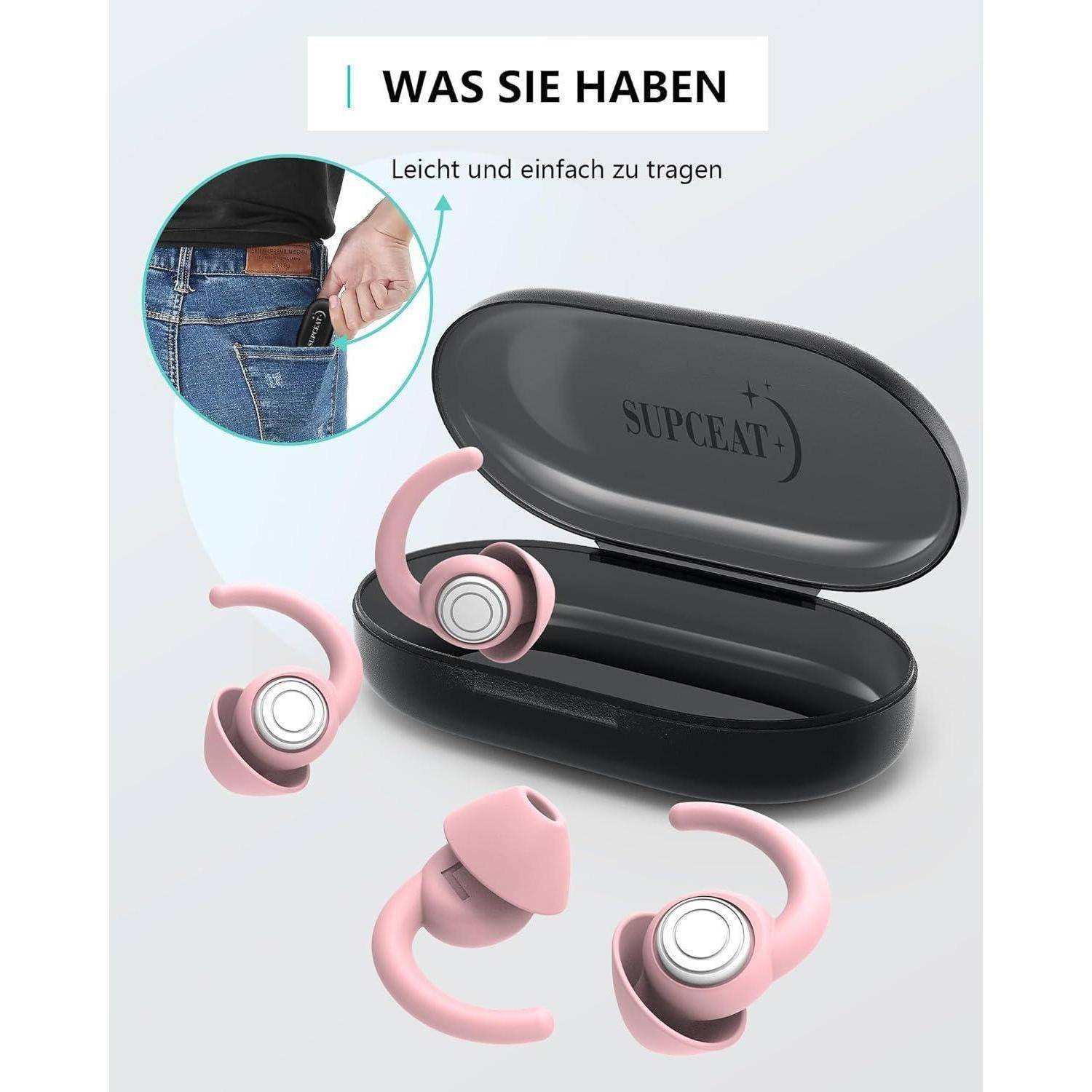 Produktbild von rosa kabellosen Ohrhörern in einem schwarzen Ladegehäuse, mit deutschem Text „WAS SIE HABEN