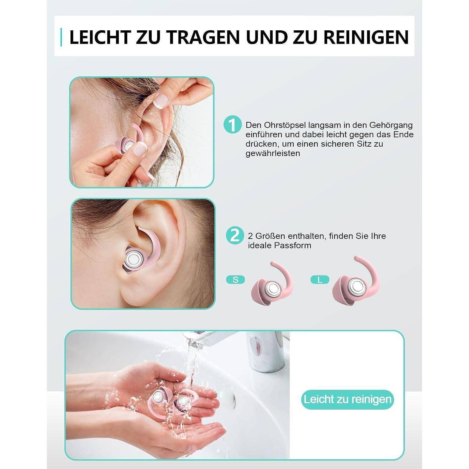 Infografik mit einem Ohrstöpsel: einfach einzuführen und zu reinigen, mit zwei Größen für bessere Passform; enthält Fotos zum Einführen, zur Passform im Ohr und zum Ausspülen unter Wasser.