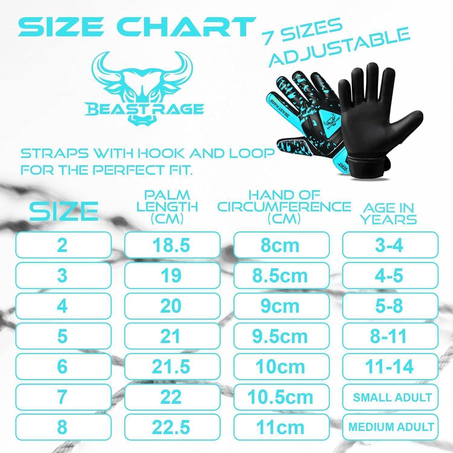 Beastrage Größentabelle für verstellbare Handschuhe mit 7 Größen, die Handflächenlänge, Handumfang und Altersbereich von Größe 2 bis 8 anzeigt.