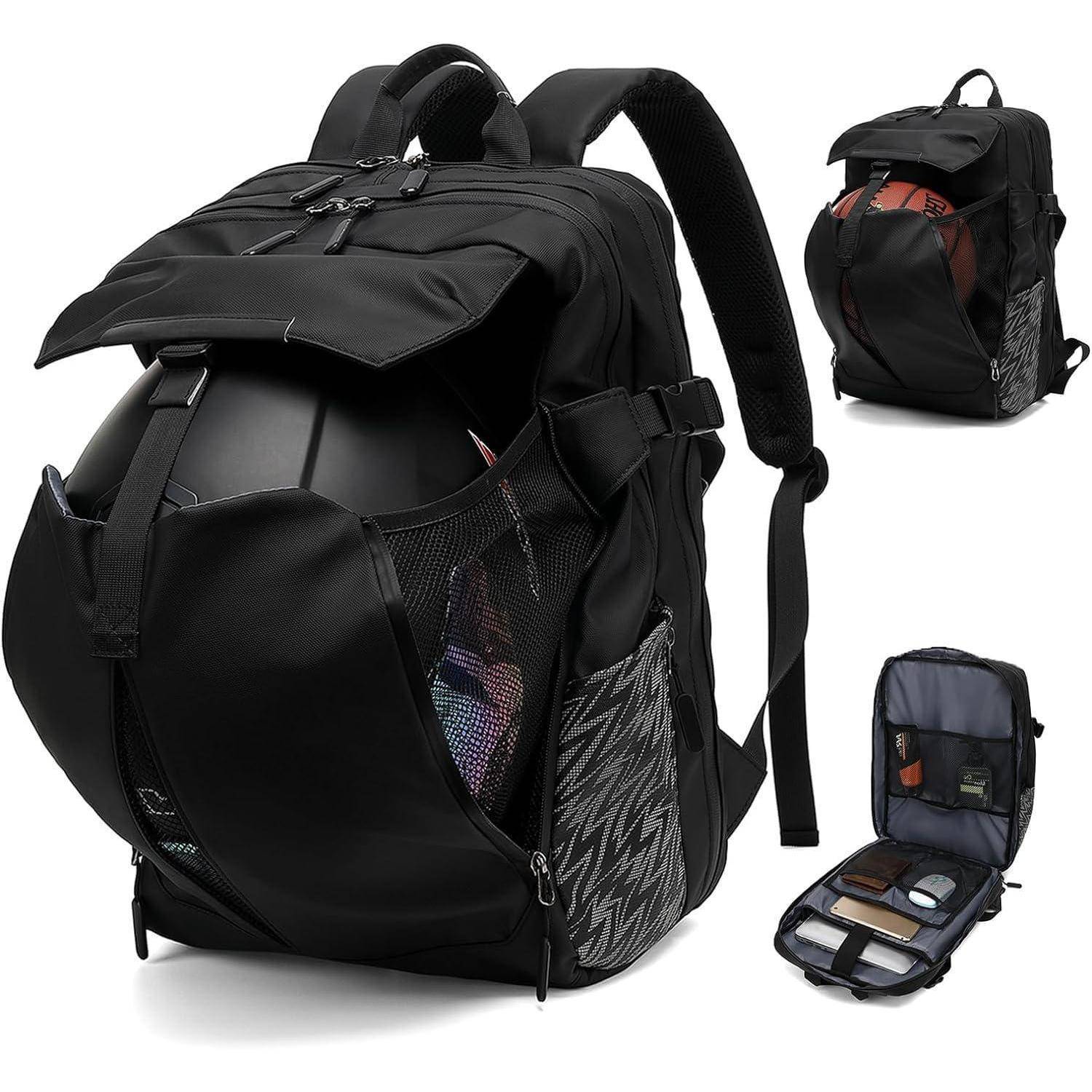 Schwarzer Rucksack mit einem vorderen Schutzfach für Helme, seitlichen Netztaschen und organisiertem Innenspeicher für Ausrüstung und kleine Gegenstände.