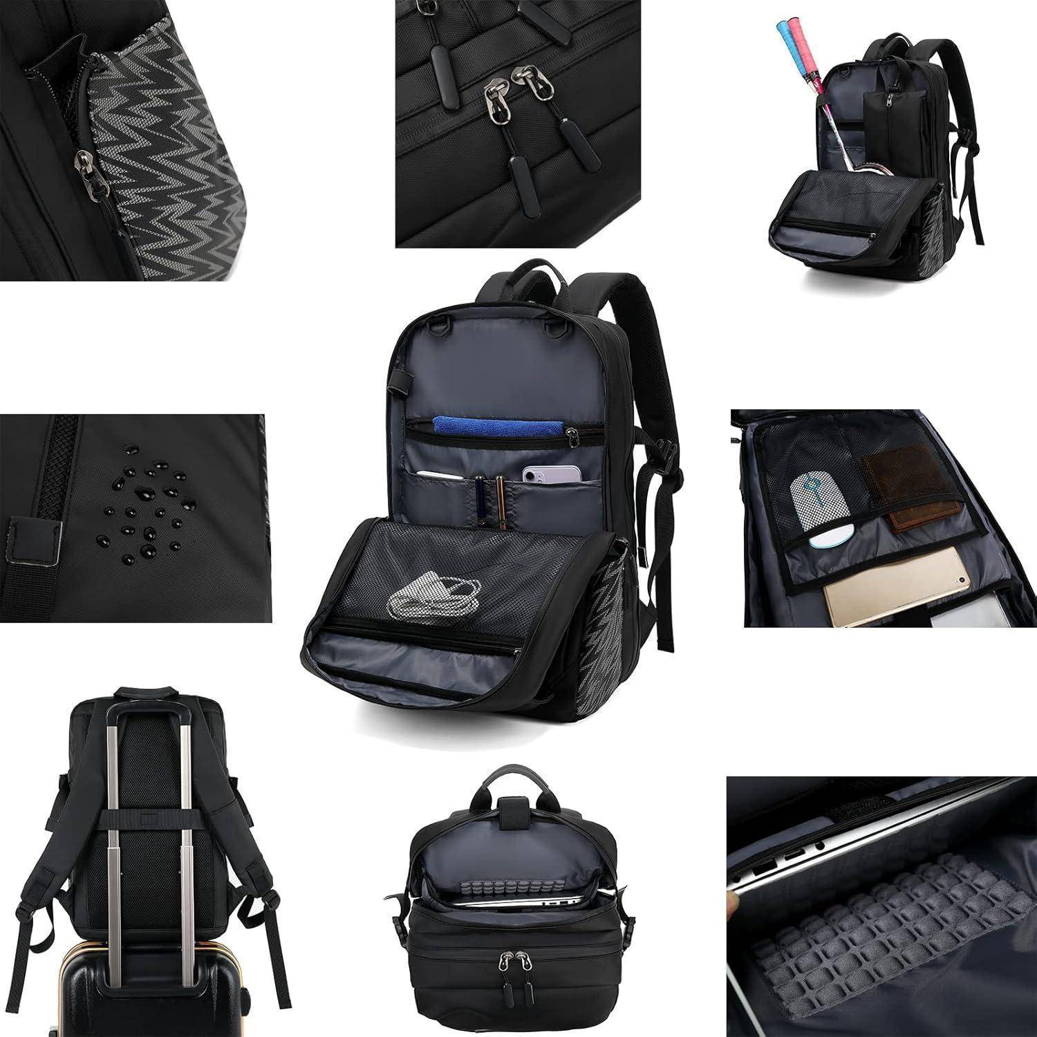 Schwarzer Rucksack mit mehreren Fächern, Laptopfach, Frontentasche und gepolsterten Trägern, dargestellt in mehreren Detailansichten und Trageposition.
