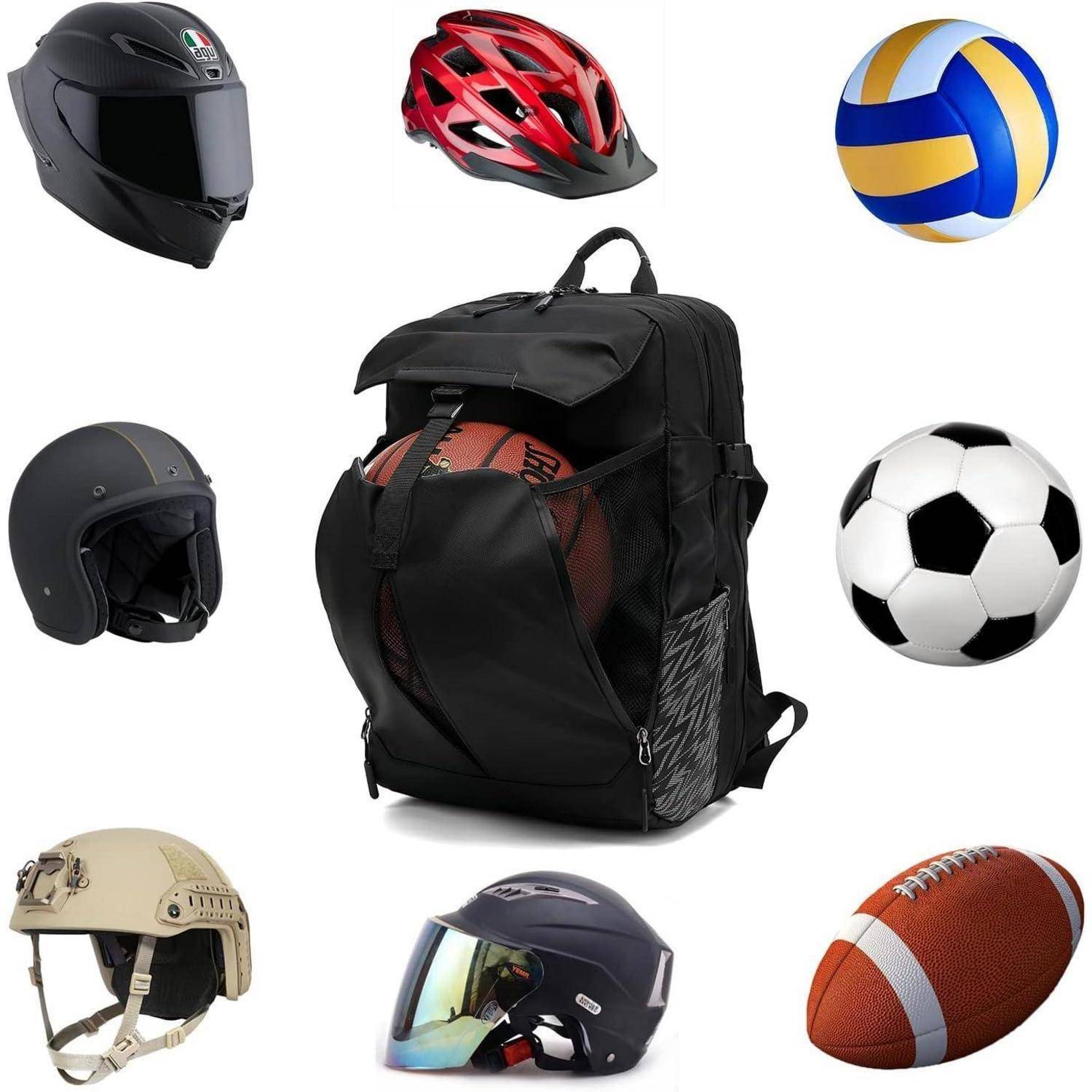 Schwarzer Sporttrainer mit einem Basketball, umgeben von Helmen, einem Volleyball, einem Fußball und einem Football auf weißem Hintergrund.