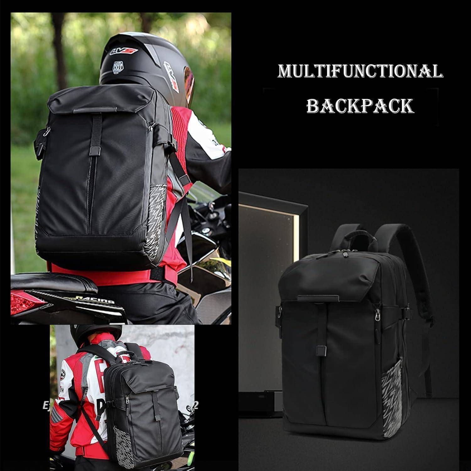 Kollagenbilder mit einem schwarzen Multifunction-Rucksack, der von Motorradfahrern getragen wird und einzeln fotografiert, mit dem Text „MULTIFUNKTIONALER RUCKSACK".