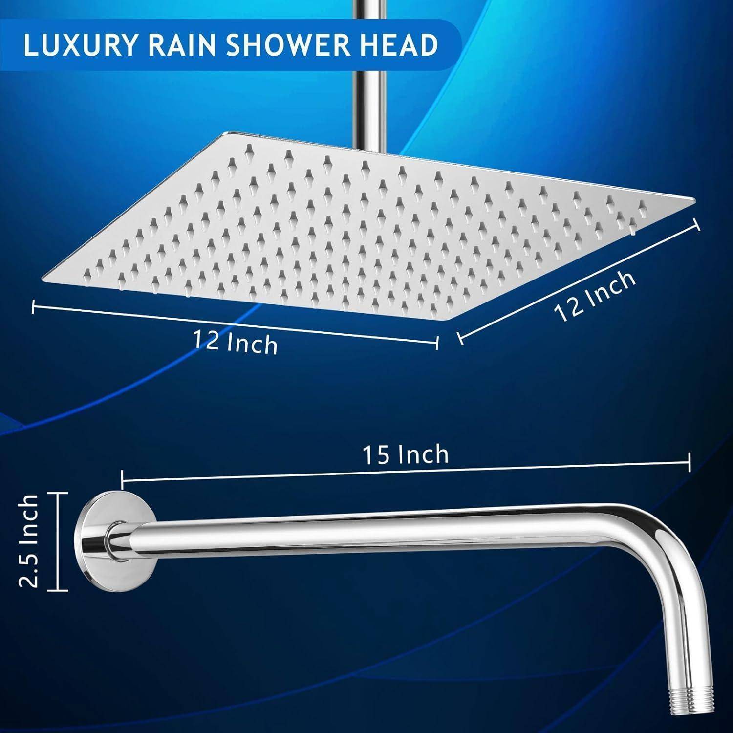 Produktbild eines quadratischen 12-Zoll-Luxus-Regenduschkopfs und eines 15-Zoll-wandmontierten Duscharms mit gekennzeichneten Abmessungen.