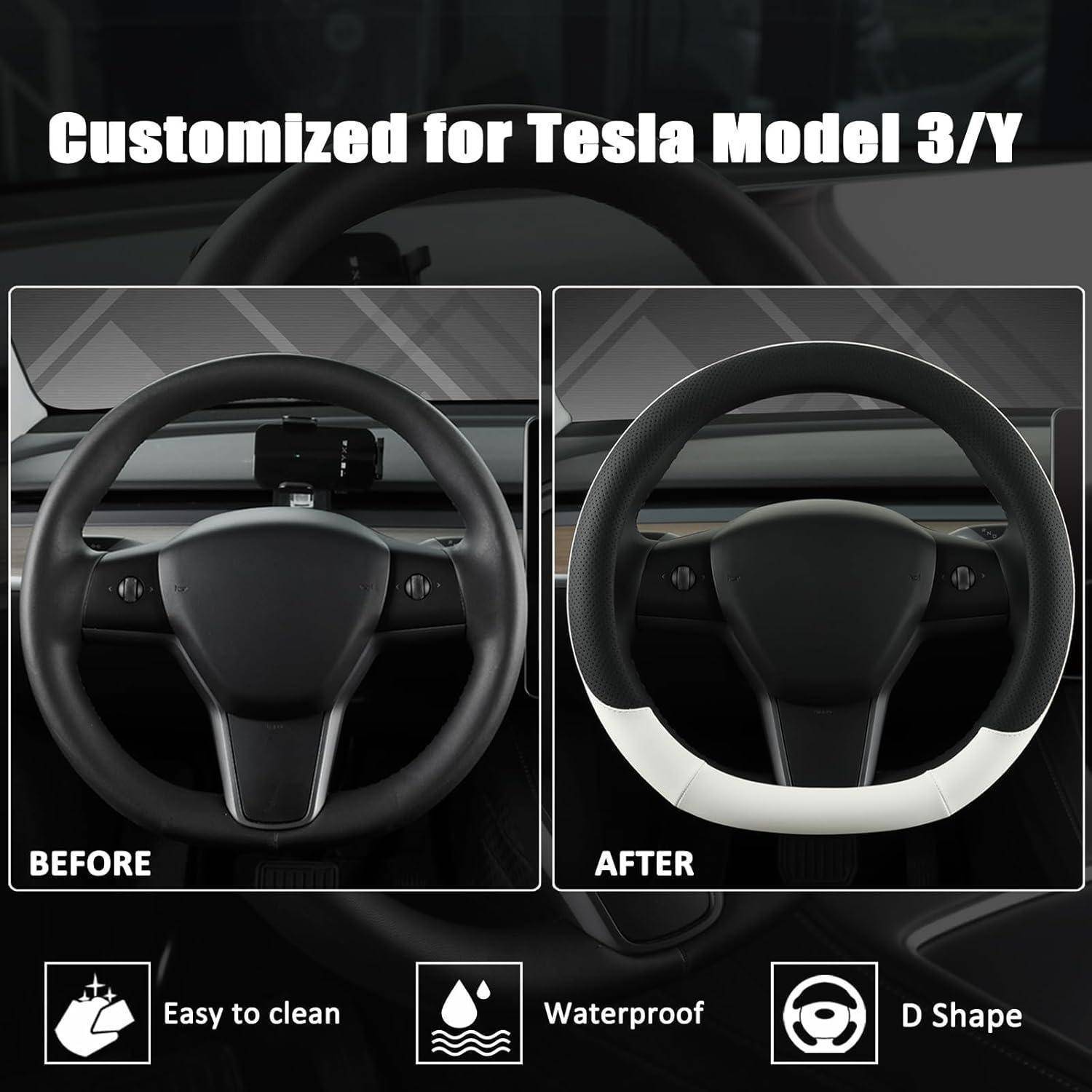 Bewerbungsbild zur Vor-und-Nach-Darstellung einer Lenkradabdeckung für Tesla Model 3/Y, das ein einfaches Lenkrad im Vergleich zu einer weiß-schwarzen D-förmigen Abdeckung zeigt, mit den Beschriftungen „Leicht zu reinigen", „Wasserdicht"" und „D-Form"".