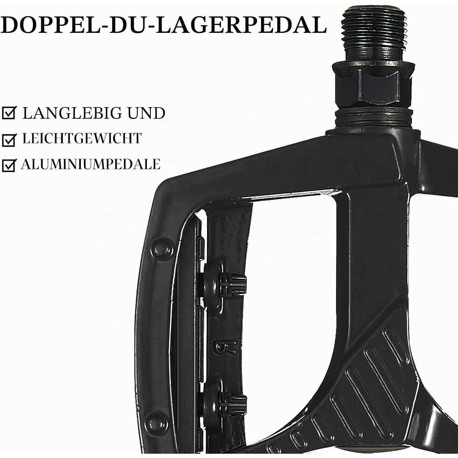 Schwarzes Fahrradpedal mit deutschem Text "DOPPEL-DU-LAGERPEDAL"" und häkchen-markierten Aussagen: langlebig, leicht, Aluminiumpedal.