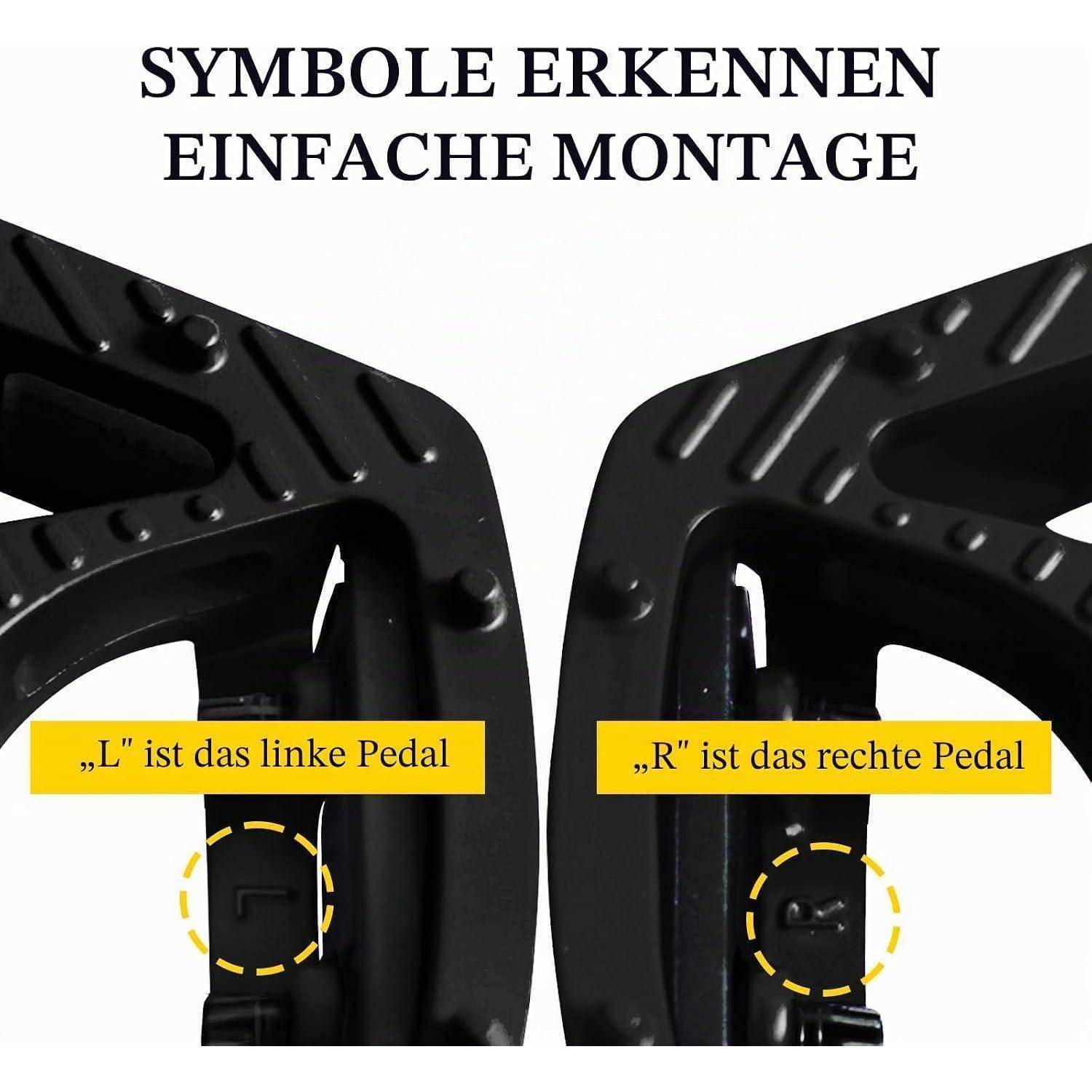 Deutschsprachige Installationsanleitung für Pedale: „L" kennzeichnet das linke Pedal und „R"" das rechte Pedal, wobei die Symbole auf jedem Pedal hervorgehoben sind.