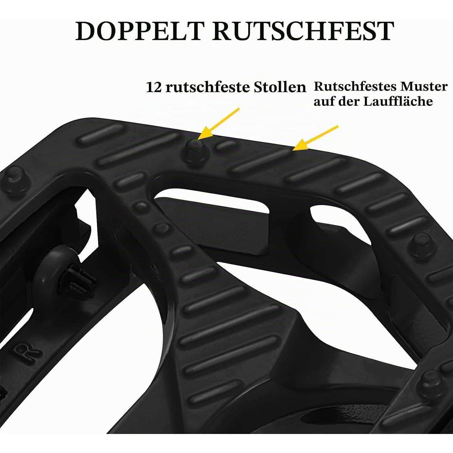 Nahaufnahme eines schwarzen Kletterhilfsmittels mit strukturierter rutschfester Oberfläche; Beschriftungen zeigen auf „12 rutschfeste Rillen" und „rutschfestes Profilmuster."