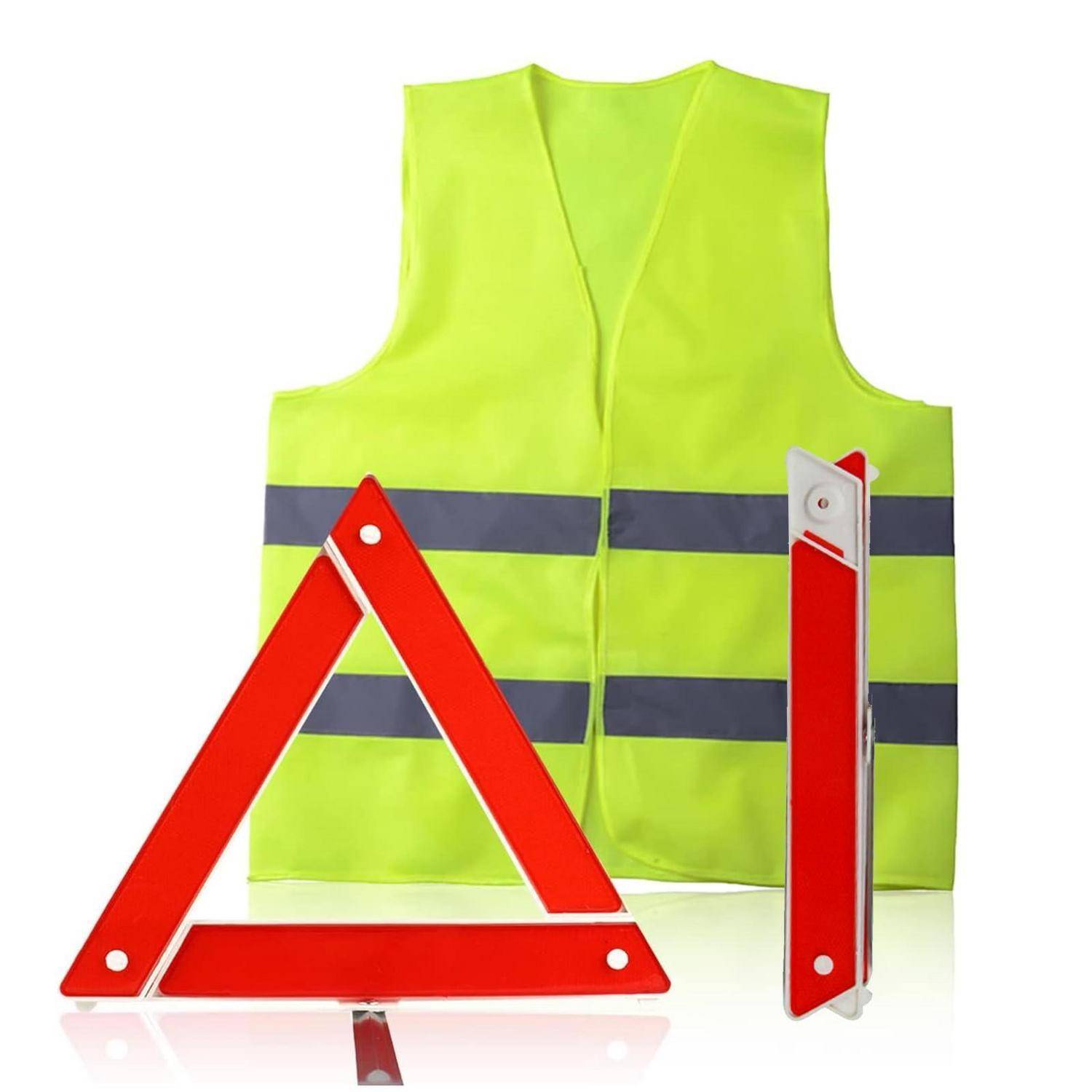 Fluoreszierend gelbe Sicherheitsweste mit reflektierenden Streifen, dargestellt mit einem roten Warndreieck und zusammengeklapptem Dreieckständer auf weißem Hintergrund.
