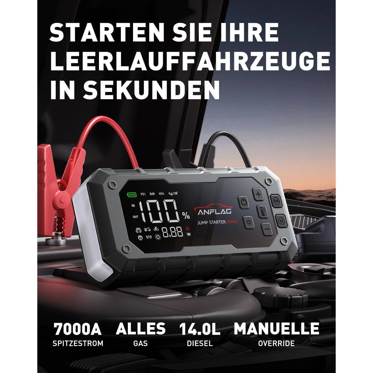 Starthilfe Powerbank für Pkw mit Kompressor 160PSI, ANFLAG 7000A 26800mAh Auto Starthilfe Powerbank für All Benzin und 14.0L Dieselmotor, Starter Po