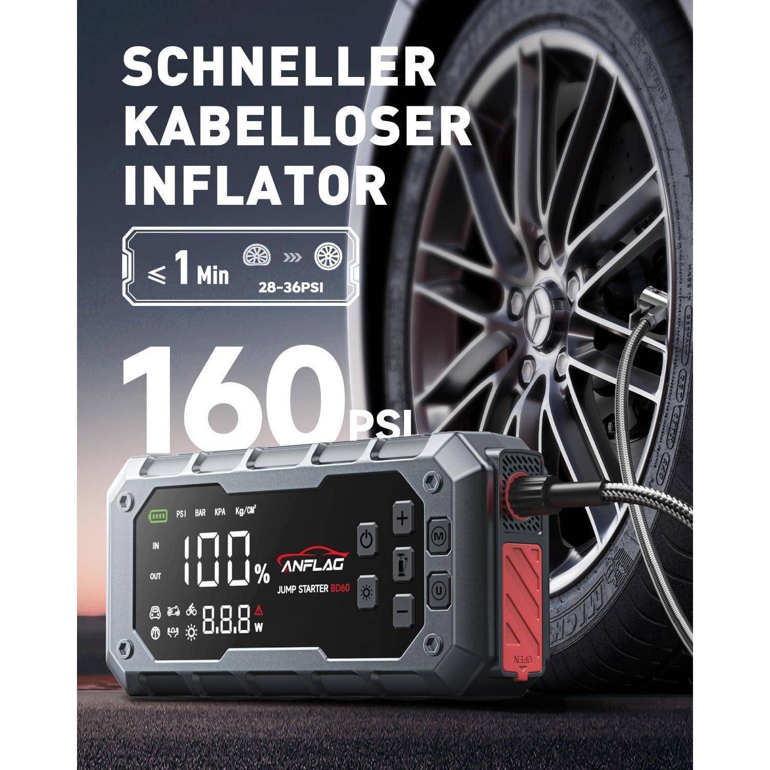 Starthilfe Powerbank für Pkw mit Kompressor 160PSI, ANFLAG 7000A 26800mAh Auto Starthilfe Powerbank für All Benzin und 14.0L Dieselmotor, Starter Po