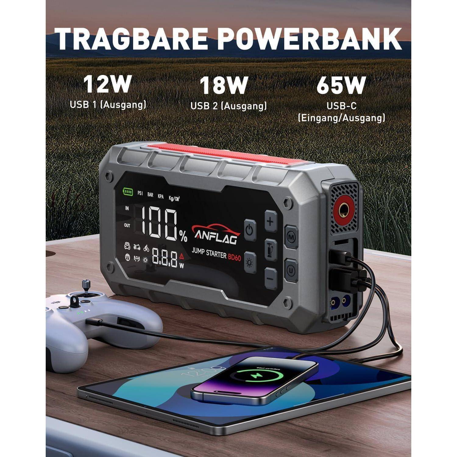 Starthilfe Powerbank für Pkw mit Kompressor 160PSI, ANFLAG 7000A 26800mAh Auto Starthilfe Powerbank für All Benzin und 14.0L Dieselmotor, Starter Po