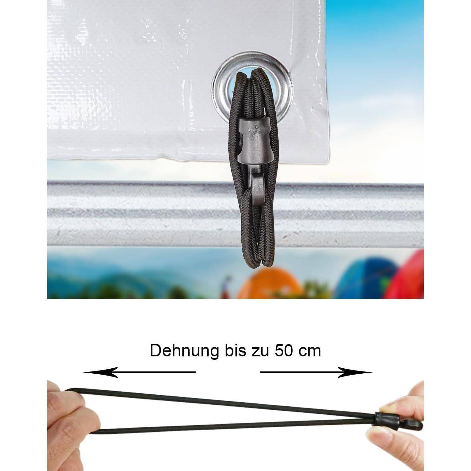 Produktfoto, das ein Bungee-Seil zeigt, das durch eine Metallöse geschlungen ist, mit einer Vergrößerung, die zeigt, dass es sich auf bis zu 50 cm dehnt.