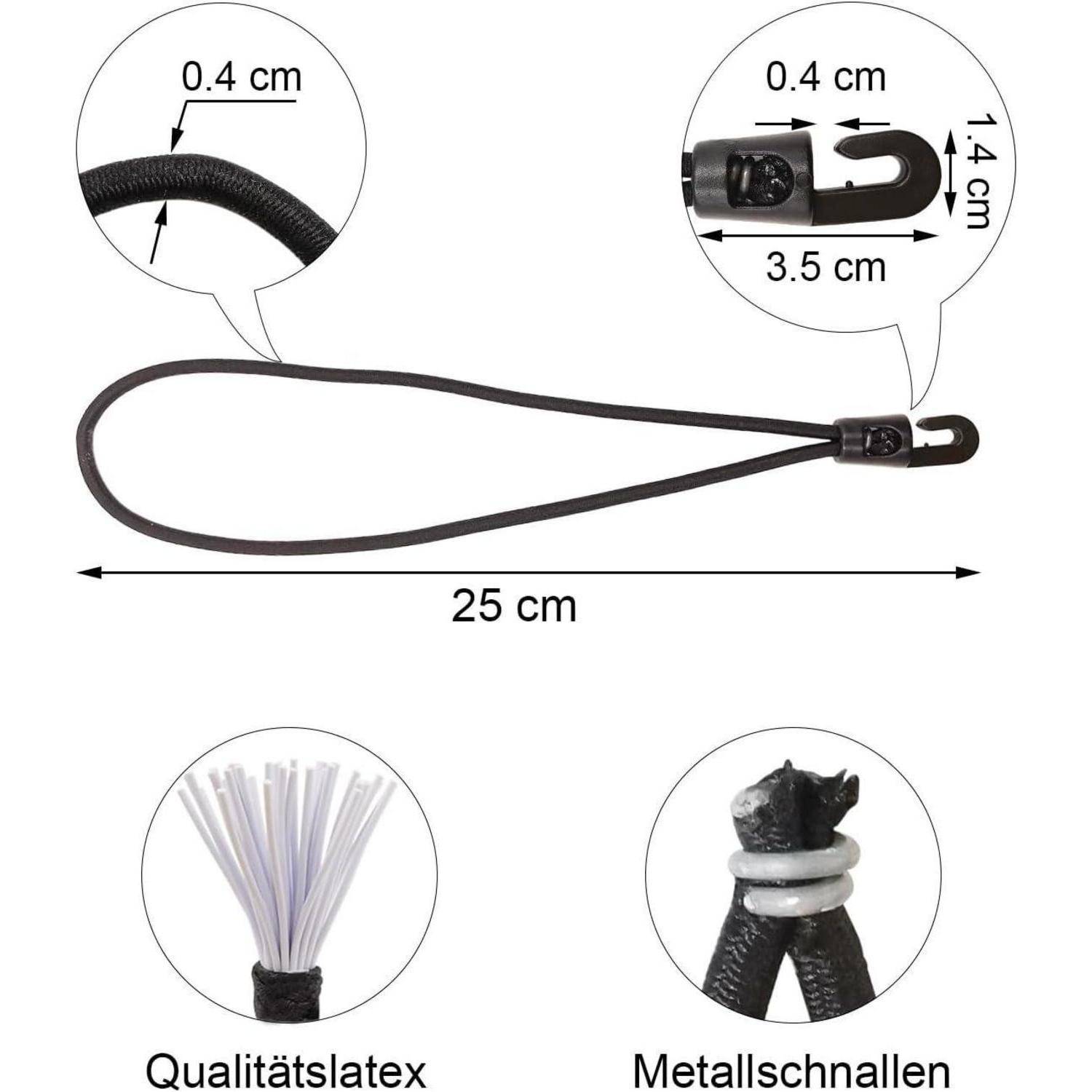 Schwarze elastische Schnurkonfiguration mit Kunststoffhaken, gezeigt mit Nahaufnahmen für Abmessungen: 25 cm Länge, 3,5 cm Haken, 0,4 cm Dicke und 1,4 cm Öffnung. Beschriftungen vermerken 'Qualitätslatex' und 'Metallschnallen'.