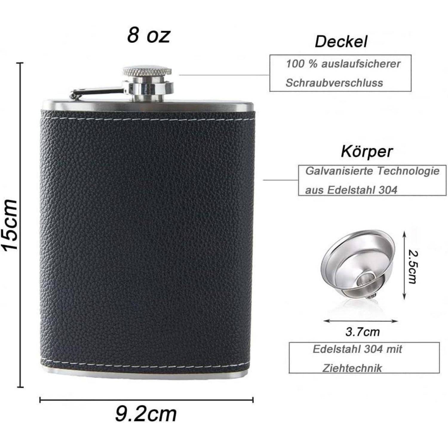 Schwarze Edelstahl-Hüftflasche mit 8 oz Fassungsvermögen und Schraubverschluss, gezeigt mit Abmessungen von 15 cm Höhe und 9,2 cm Breite; Verschlussdetail und 3,7 cm Becheraufsatz.