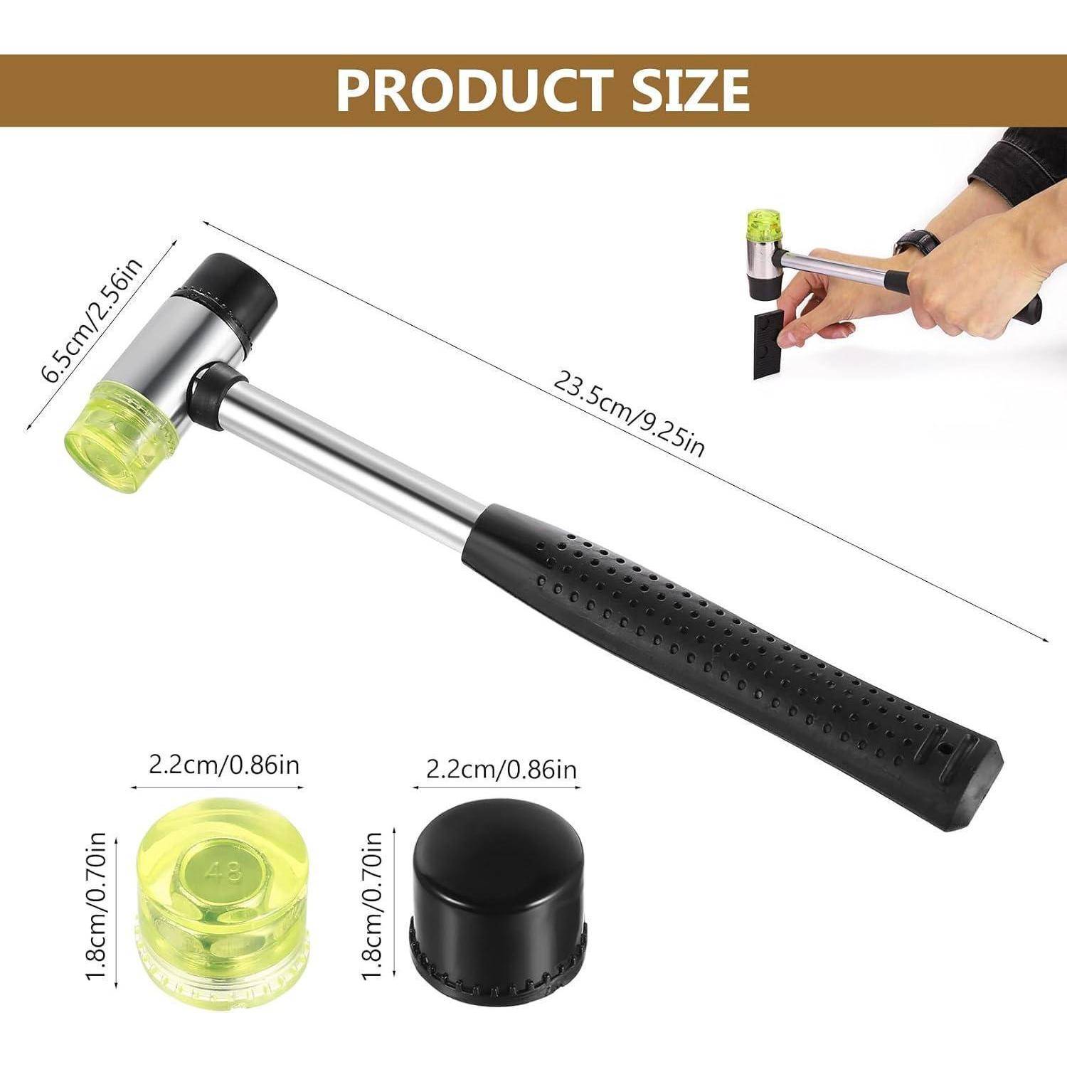 Größendiagramm eines Hammerwerkzeugs mit einer Länge von 23,5 cm und einer Kopfbreite von 6,5 cm, mit separaten transparenten und schwarzen Kappen, die 2,2 cm breit und 1,8 cm hoch sind.