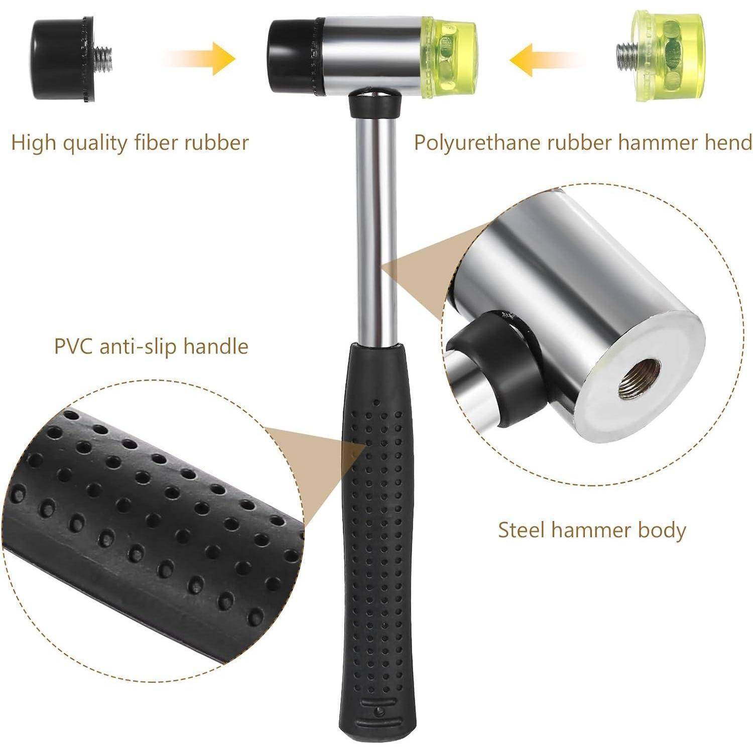 Kommentiertes Produktbild eines Gummihammers mit beschrifteten Teilen: hochwertige Fasergutt­mi­kopf, Polyurethan-Hammerkopf, PVC-rutschfester Griff und Stahlhammerkörper.