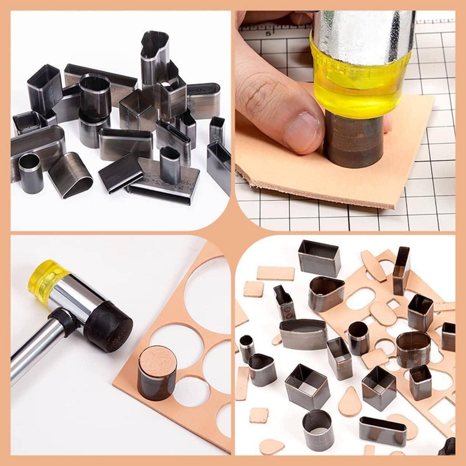 Collage zeigt Metalllederstanzer in verschiedenen Formen, die zum Ausstanzen von Löchern und Mustern aus Leder auf einer Arbeitsfläche verwendet werden.