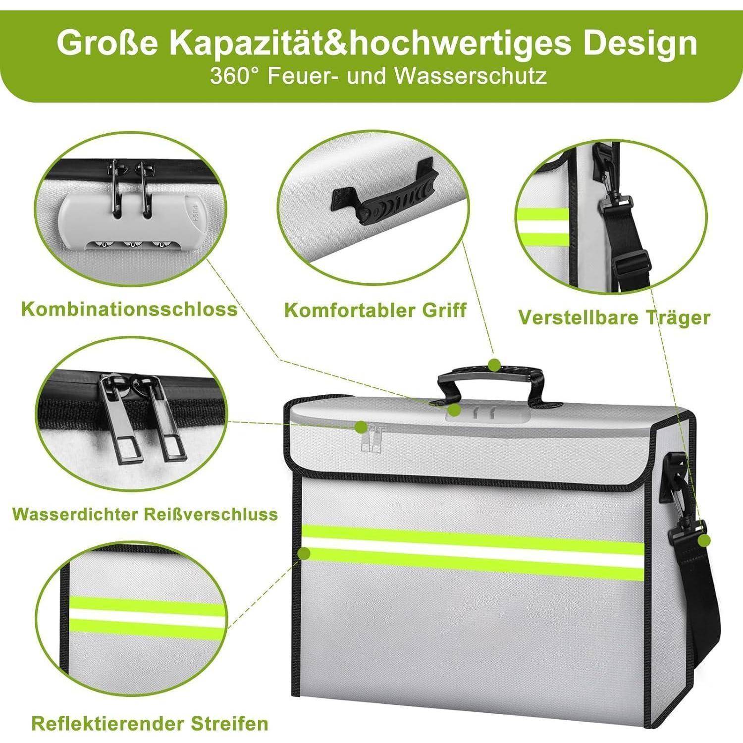 Feuerfeste Geldbeutel mit Schloss,Feuerfeste Box mit 6500°F,10Schichten Isoliermaterial,Wasserdichter Reißverschluss,Herausnehmbare Ordnerschichten/