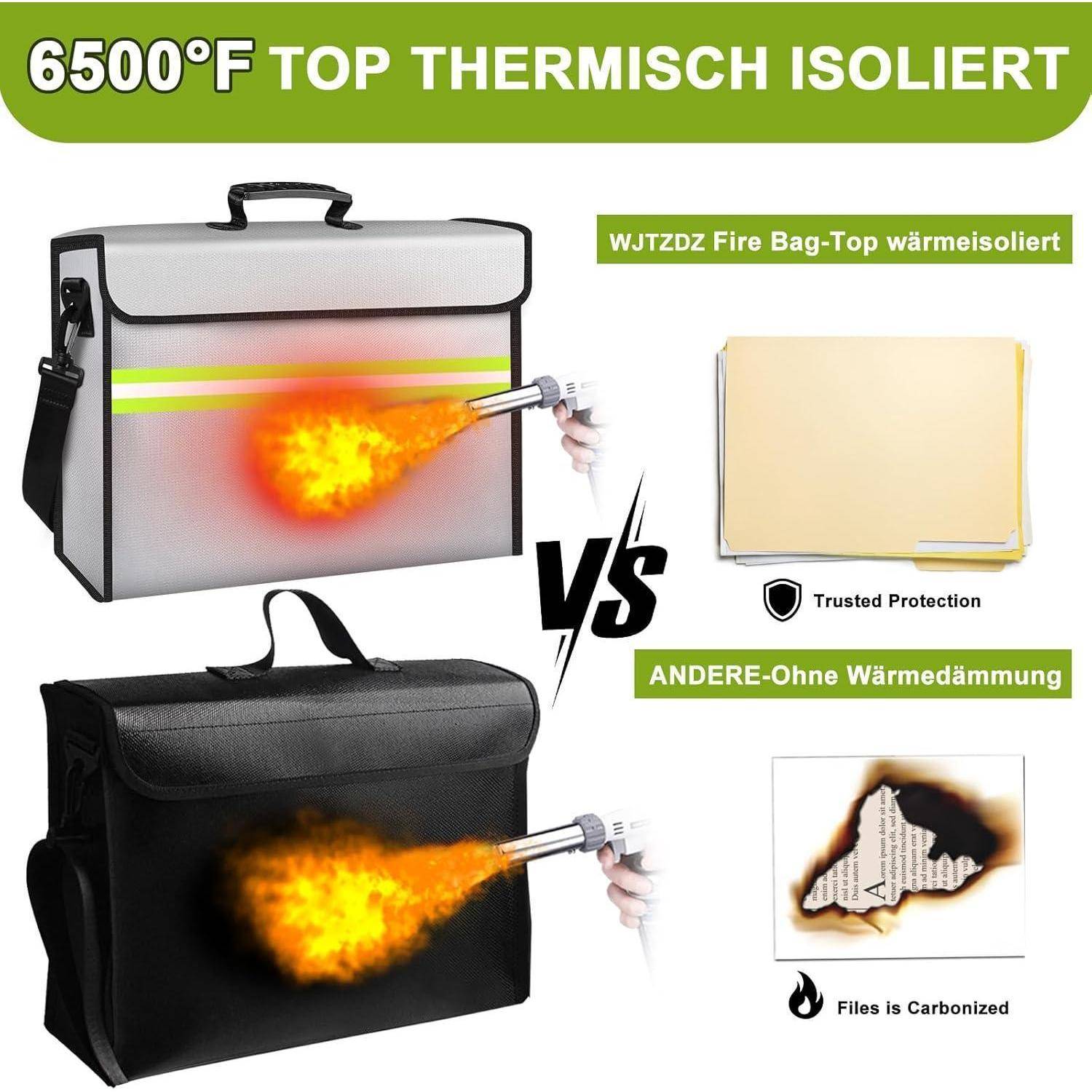 Feuerfeste Geldbeutel mit Schloss,Feuerfeste Box mit 6500°F,10Schichten Isoliermaterial,Wasserdichter Reißverschluss,Herausnehmbare Ordnerschichten/