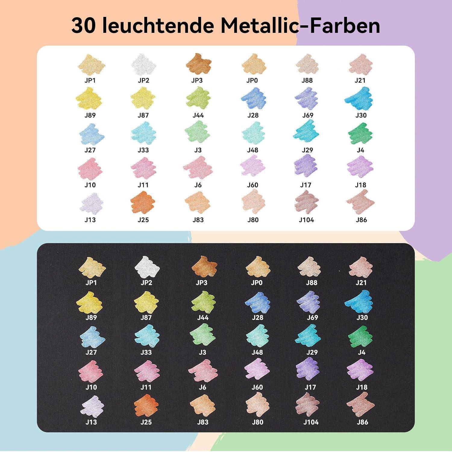 Diagramm mit 30 metallischen Farbmustern mit den Bezeichnungen JP1–J86, angezeigt auf weißem und schwarzem Hintergrund unter dem Titel „30 leuchtende Metallic-Farben