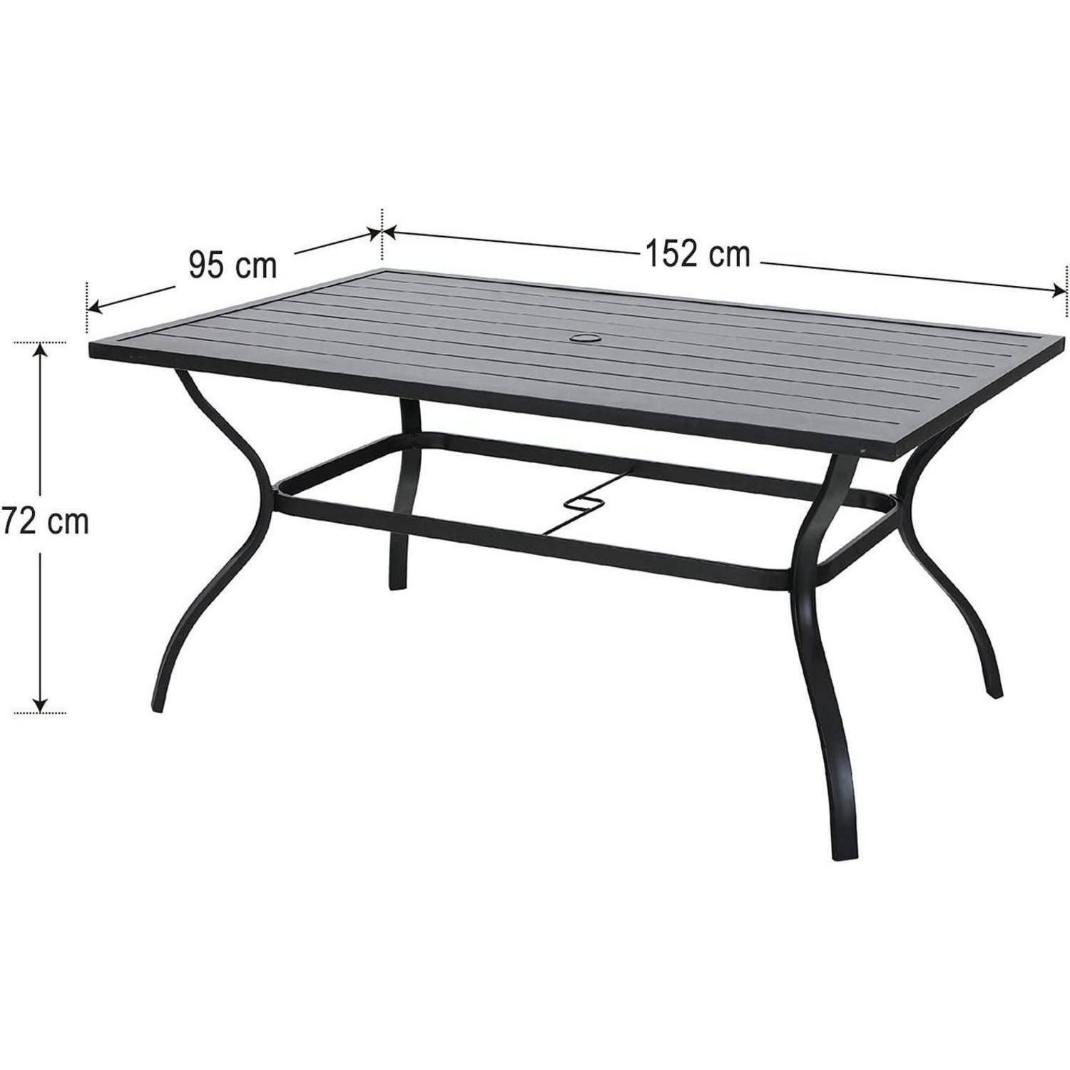 Schwarzer rechteckiger Terrassentisch dargestellt mit beschrifteten Abmessungen von 152 cm Länge, 95 cm Breite und 72 cm Höhe.