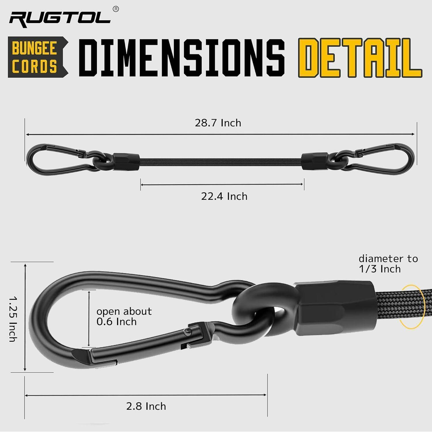 Bungee-Seil-Dimensionsdiagramm mit Gesamtlänge 28,7 Zoll, Mittellänge 22,4 Zoll, Clip 2,8 Zoll, Höhe 1,25 Zoll, Öffnung etwa 0,6 Zoll, Durchmesser bis zu 1/3 Zoll.
