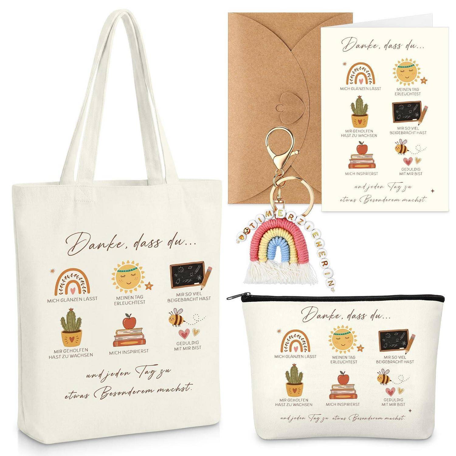 Geschenkset mit Dankesdesign: Eine Tragetasche, ein Umschlag, ein Schlüsselanhänger und ein Täschchen bedruckt mit deutscher Text und kleinen Illustrationen