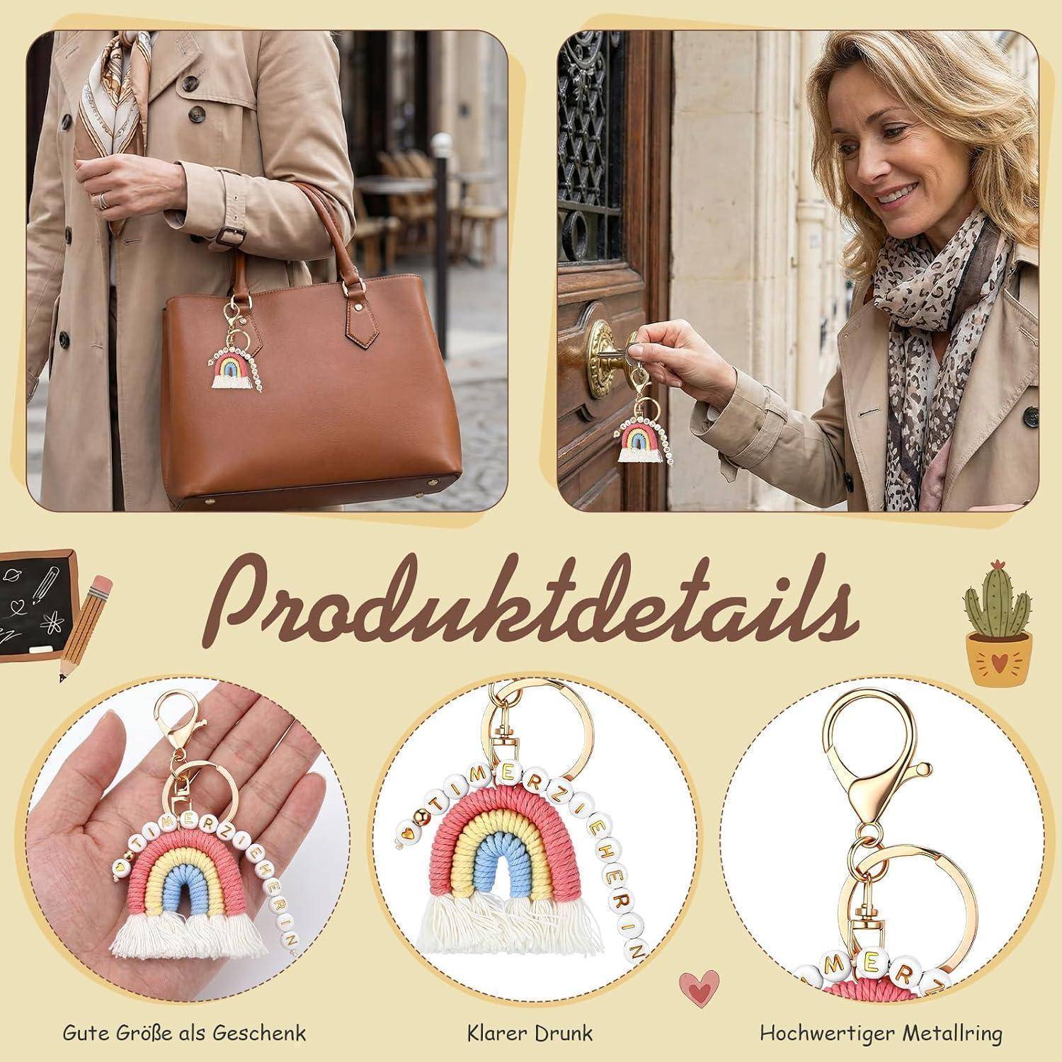 Collage mit einem personalisierten Regenbogen-Schlüsselanhänger-Charm an einer Handtasche und in der Hand, mit Nahaufnahmen des Perlmutt-Regenbogen-Zubehörs und Produktdetails, die auf Deutsch beschriftet sind.