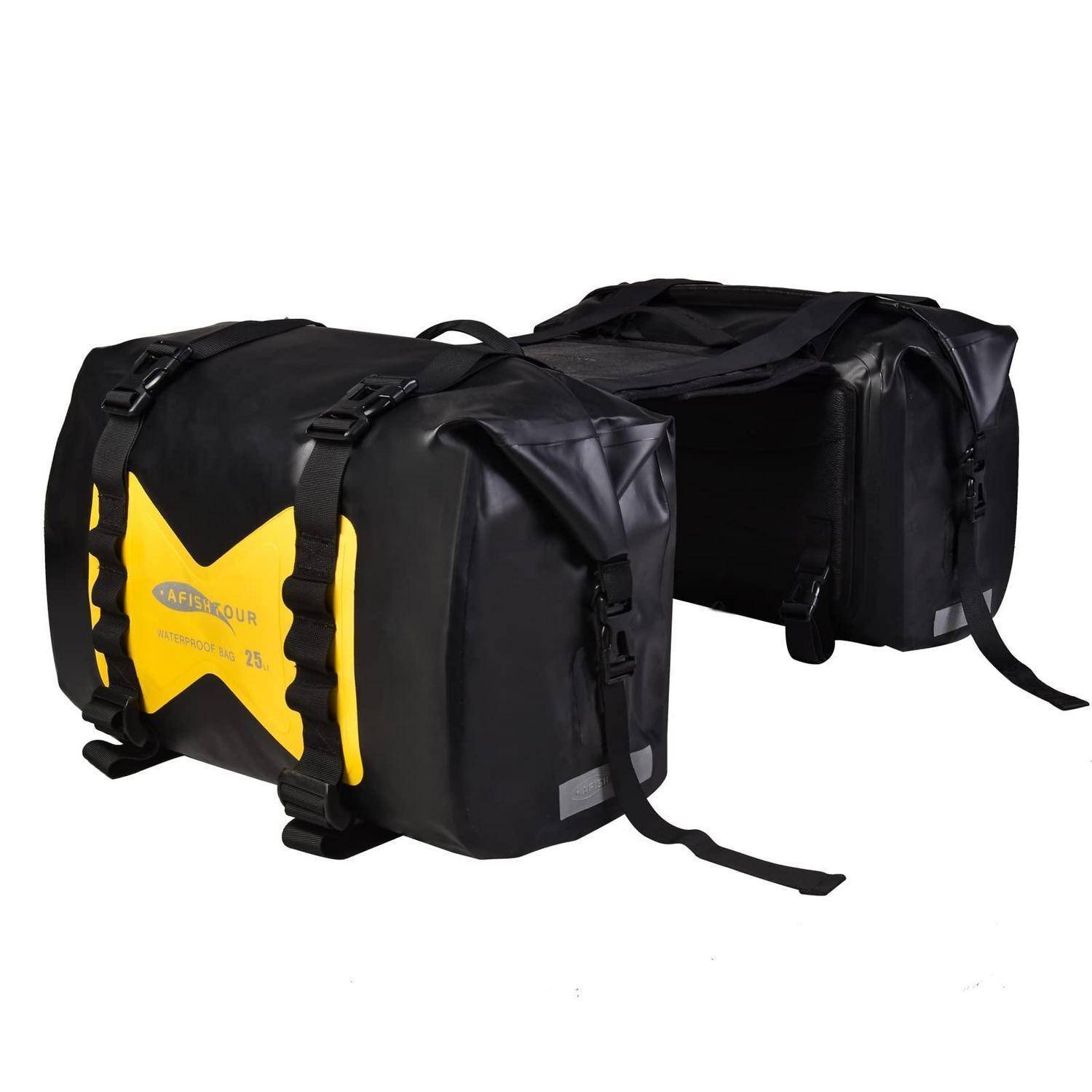 Schwarze wasserdichte Doppel-Packtasche für Fahrräder mit gelben reflektierenden X-Akzenten und verstellbaren Riemen, abgebildet auf weißem Hintergrund.