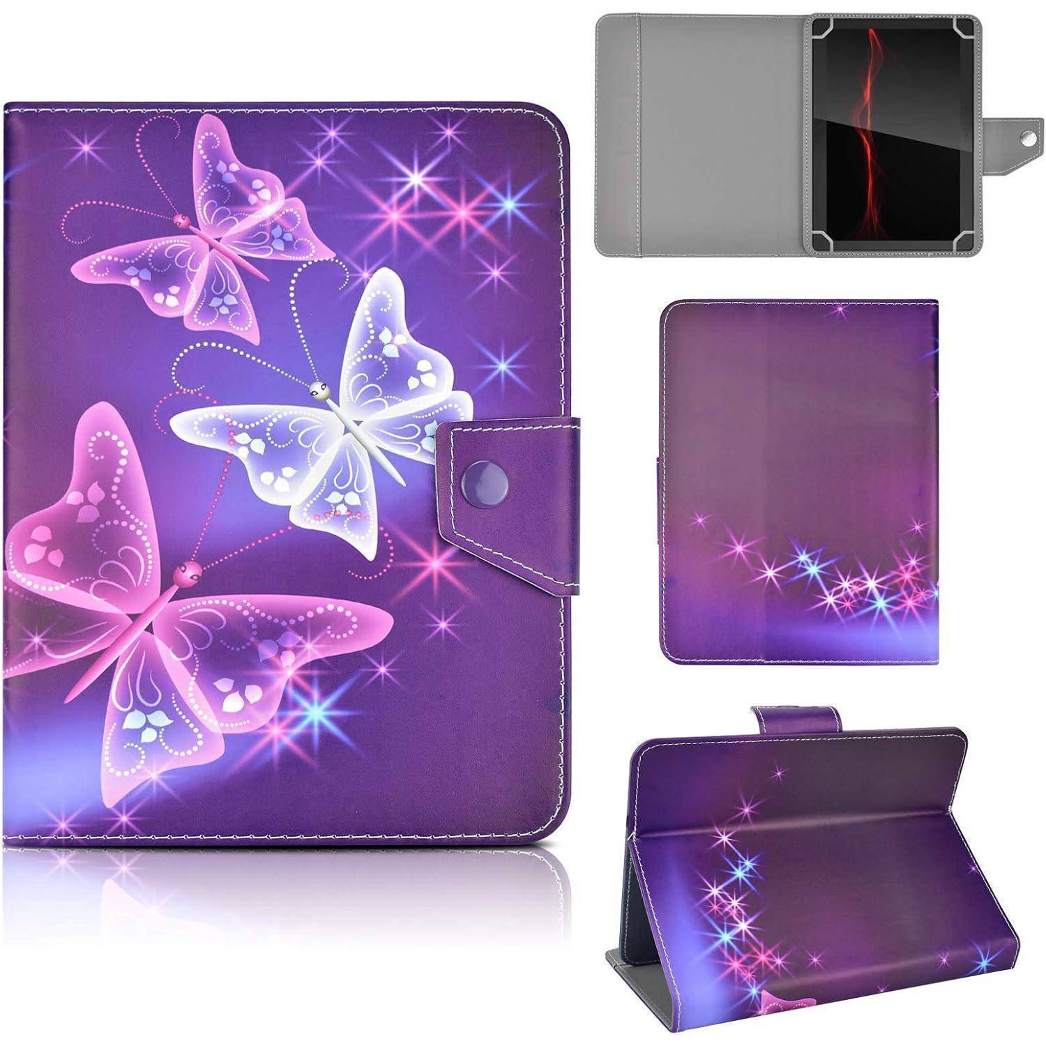Violett gemusterter Tablet-Schutzhülle mit Schmetterlings-Motiv mit Abdeckung und Ständer, geschlossen, offen und ausgeklappt dargestellt.